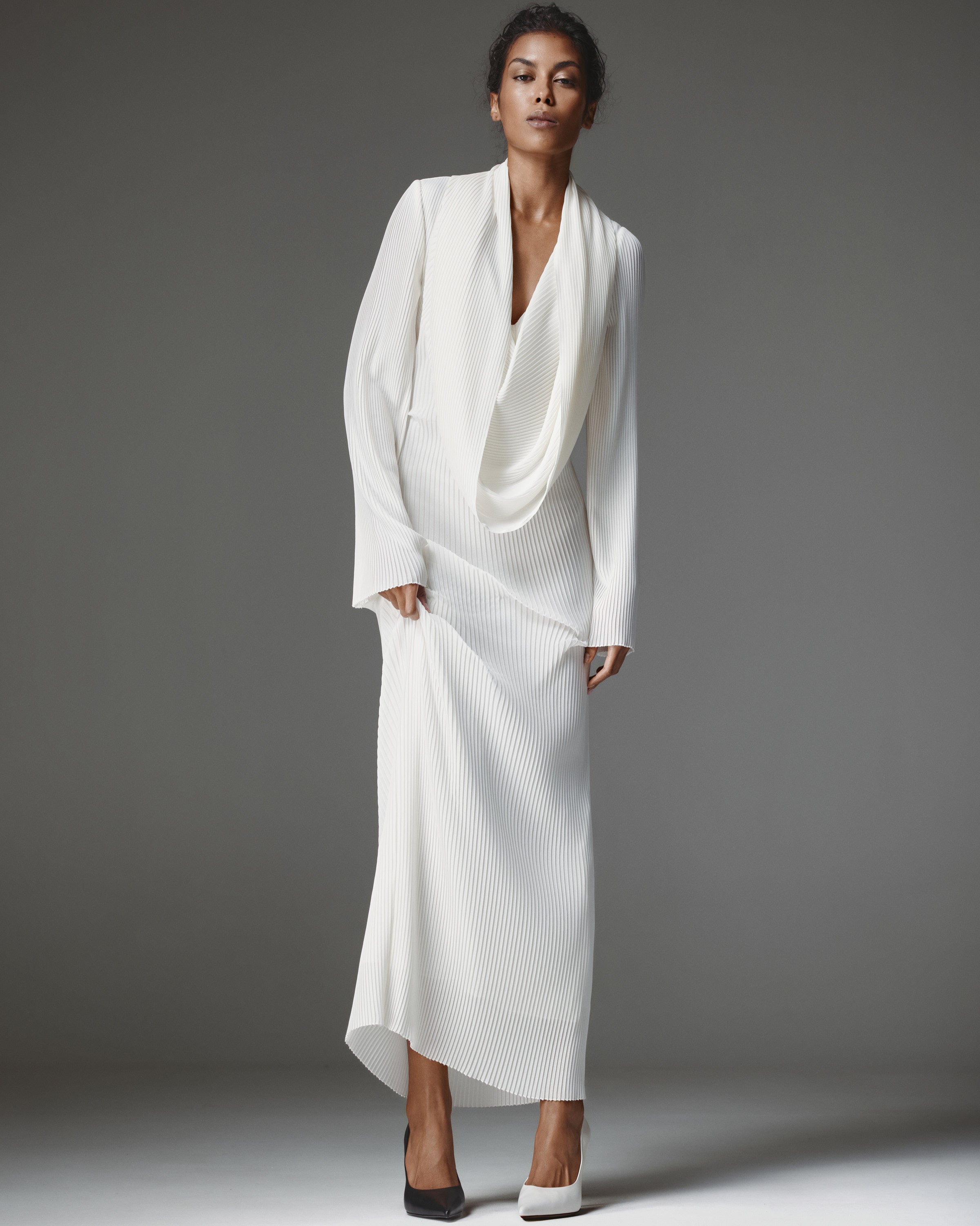 Polly Chiffon Dress by J'amemme — front view in window light, draped cowl neckline and long sleeves