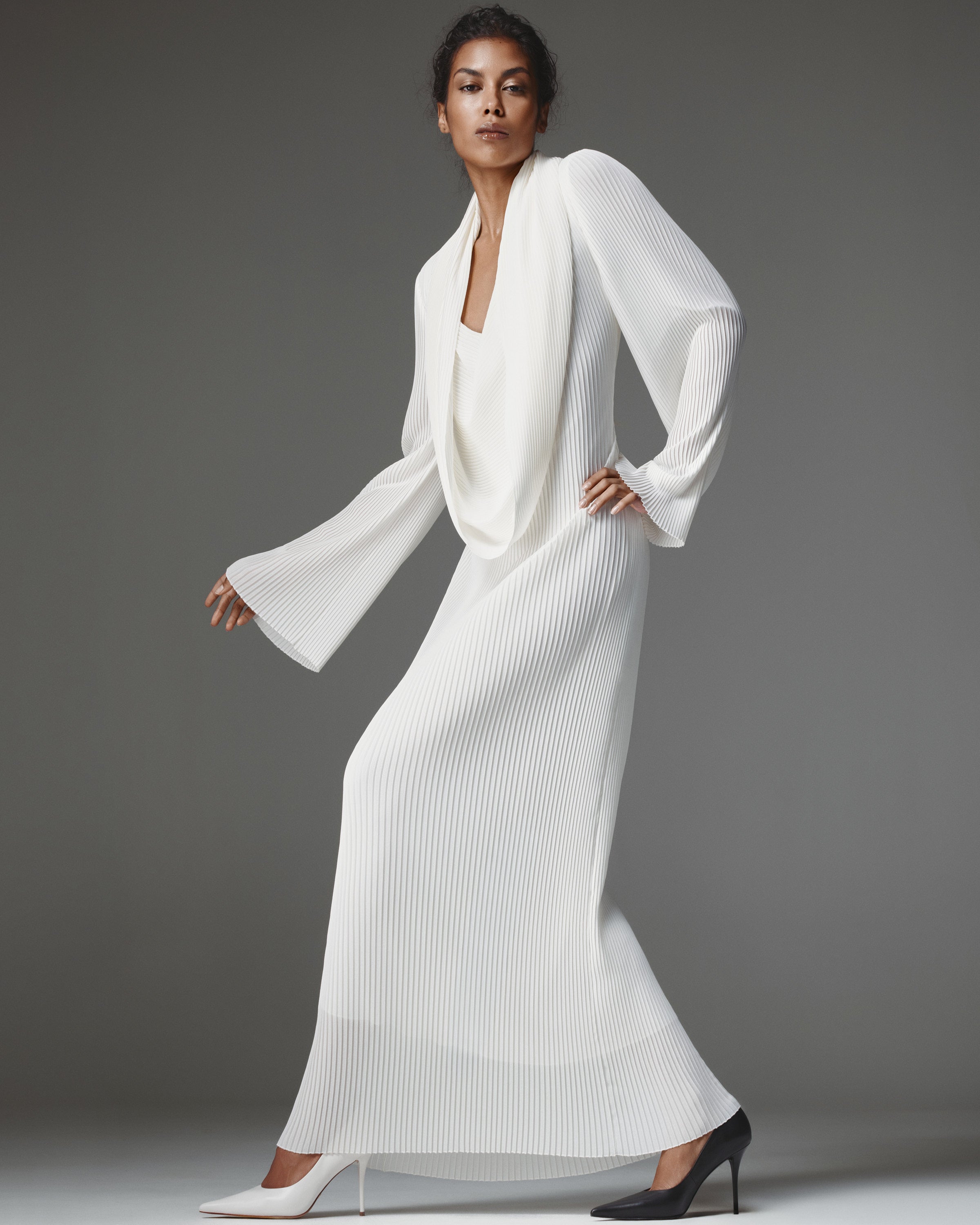 Polly Chiffon Dress by J'amemme — front view, pleated chiffon gown with draped cowl collar and long sleeves