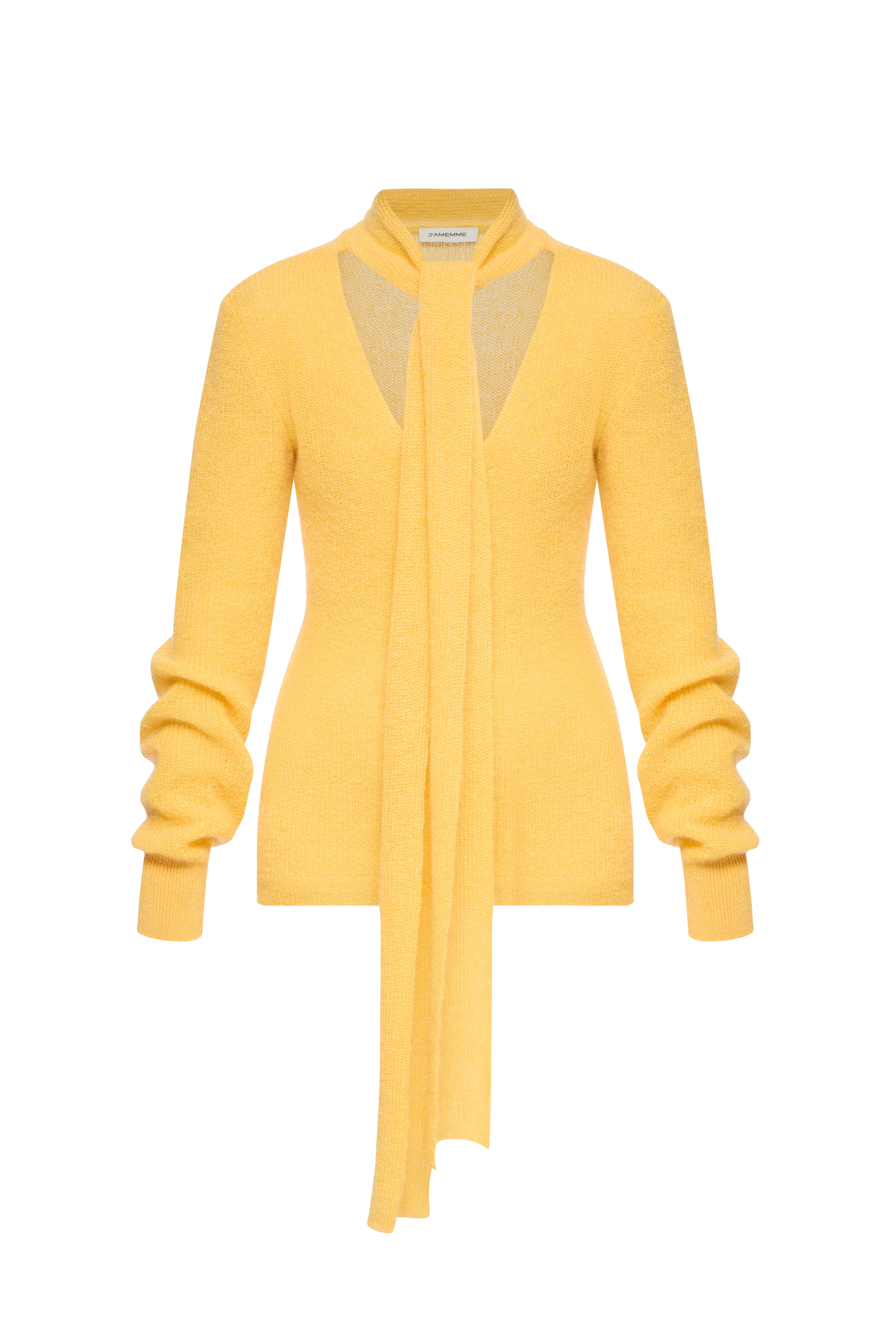 Jamemme Scarf Detail Knit Jumper in yellow - attached scarf neckline, 70% wool 30% silk, Spring-Summer 2026 collection