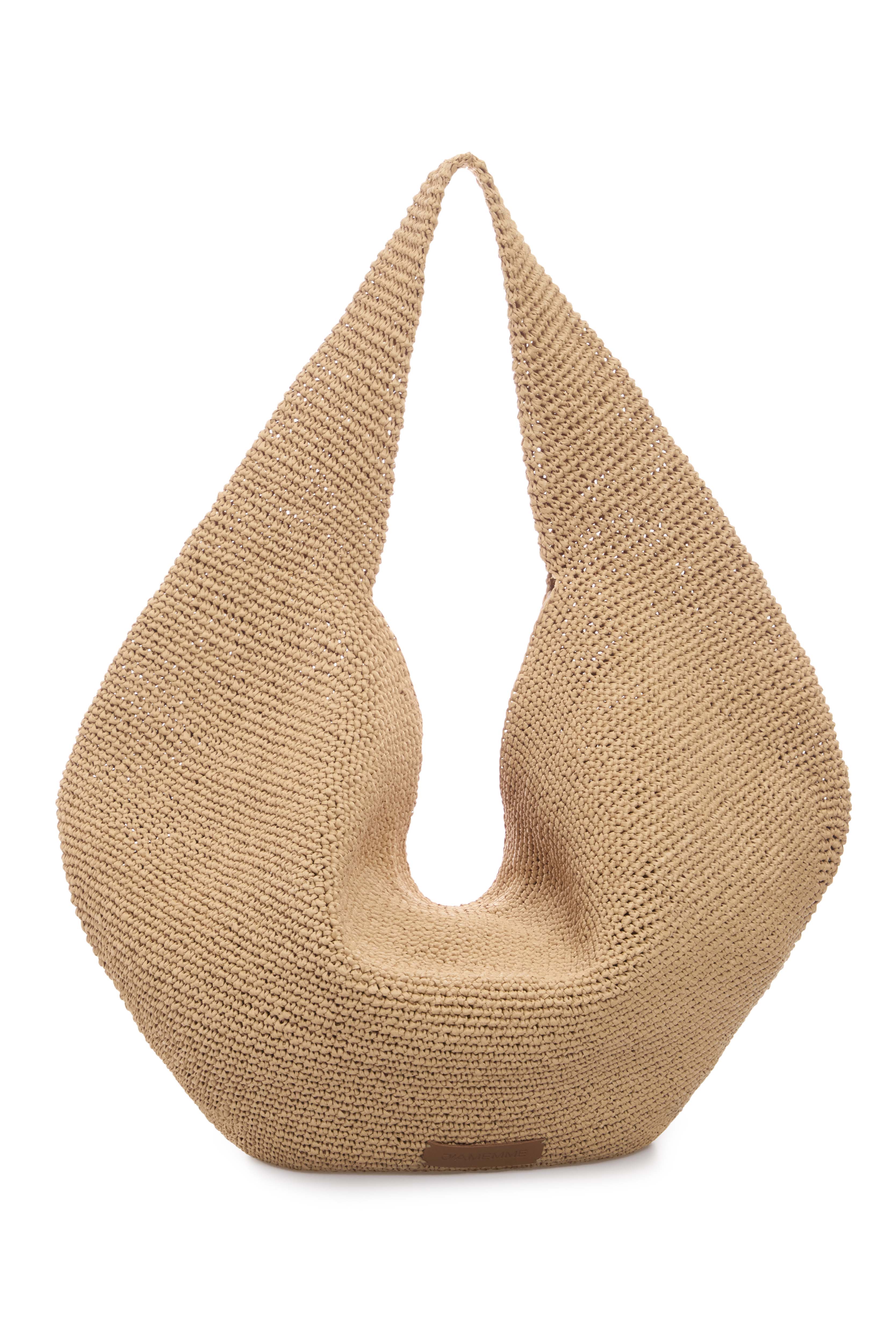 Beige hand-woven raffia beach bag, front view — J'AMEMME Summer