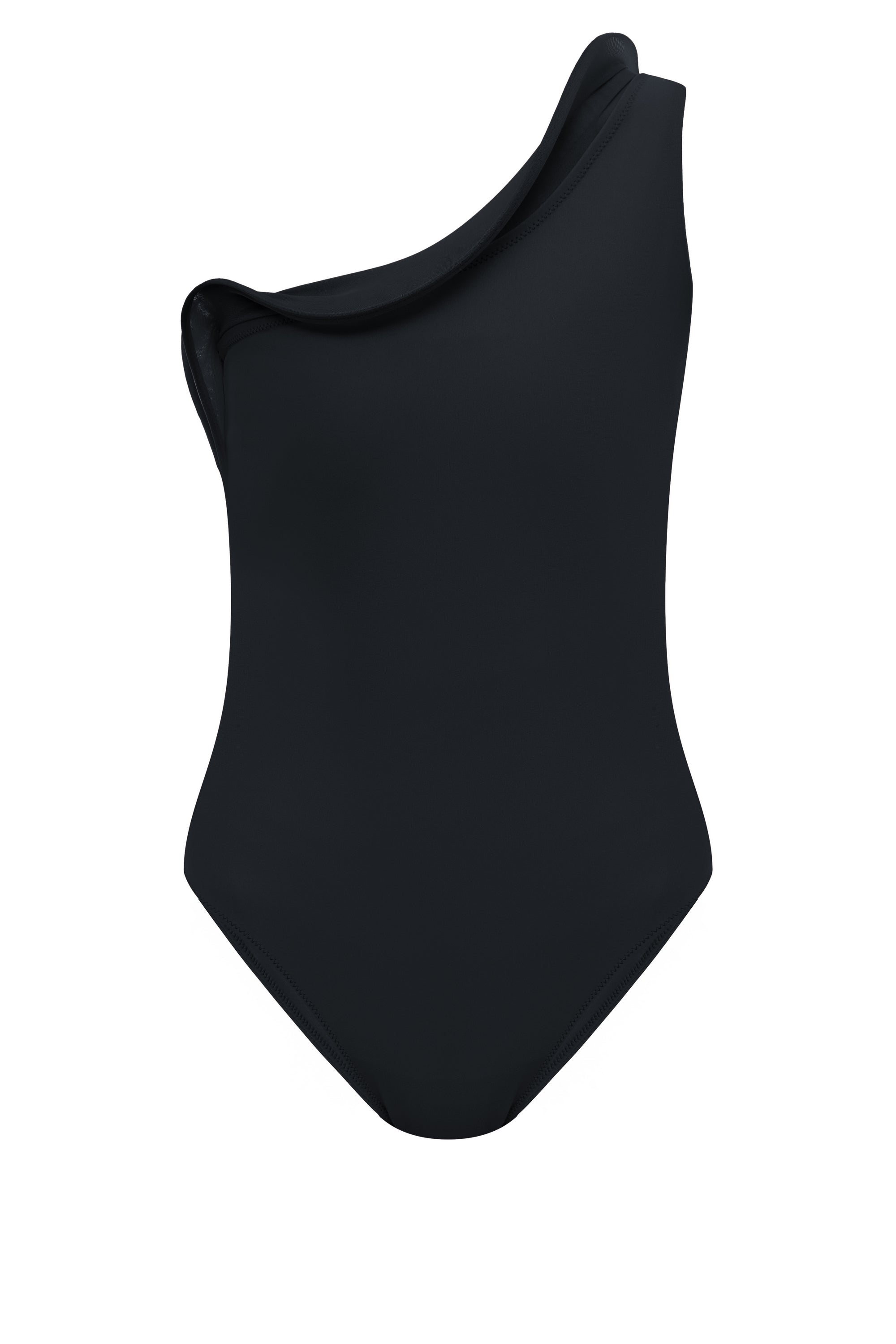 Black one-shoulder one-piece swimsuit with a sculpted wave inset across the bodice, in Italian Carvico jersey — J'AMEMME Thelxie, Resort '27