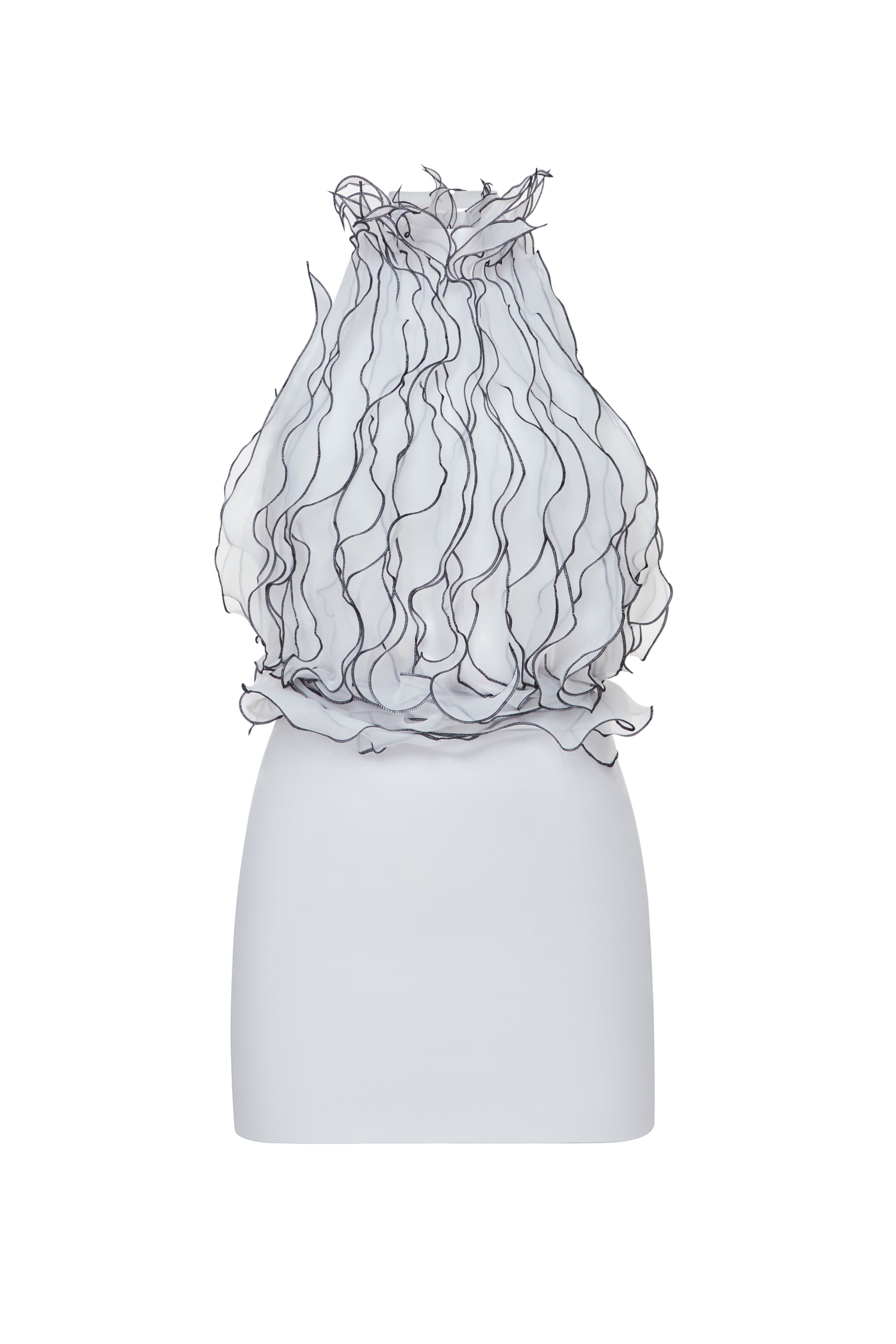 Jellyfish Dress by J'amemme — white bridal gown with sculptural organza wave elements displayed on mannequin, front view