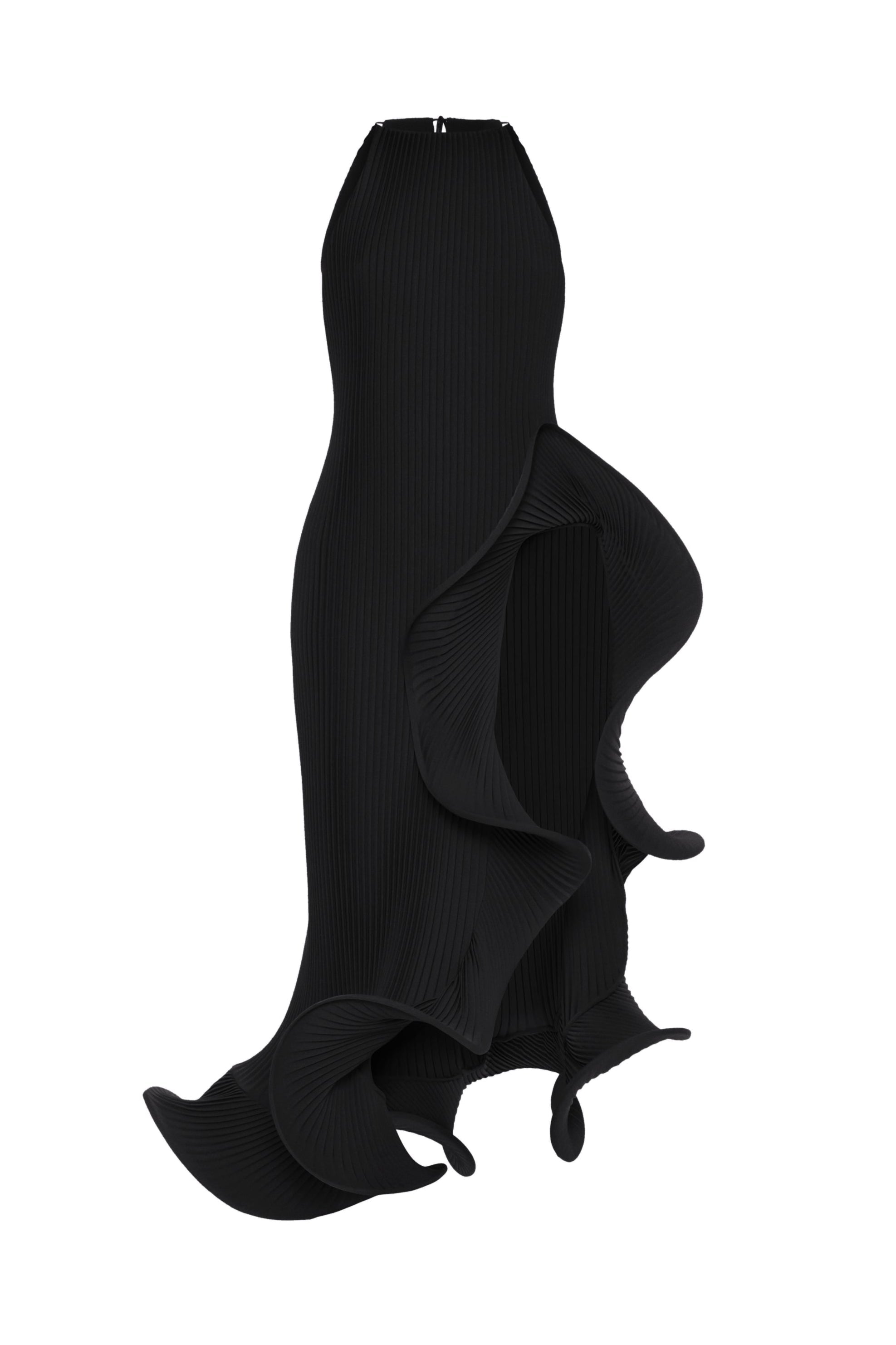 Loulou Dress Black flat lay — handmade plissé halter maxi dress with sculptural rosette hem detailing on white background by J'amemme