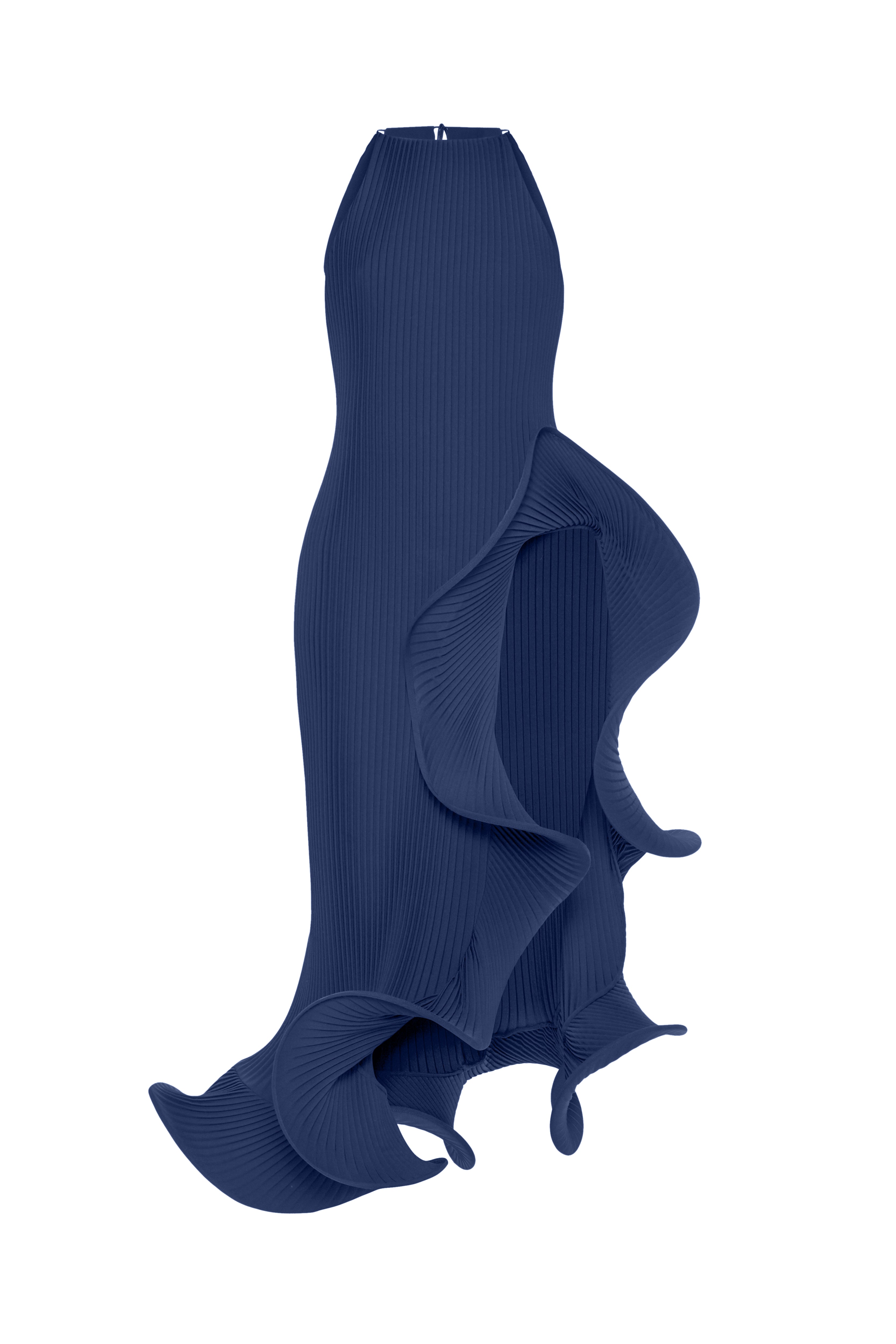 Loulou Dress Navy Blue flat lay — handmade plissé halter maxi dress with sculptural rosette hem detailing on white background by J'amemme
