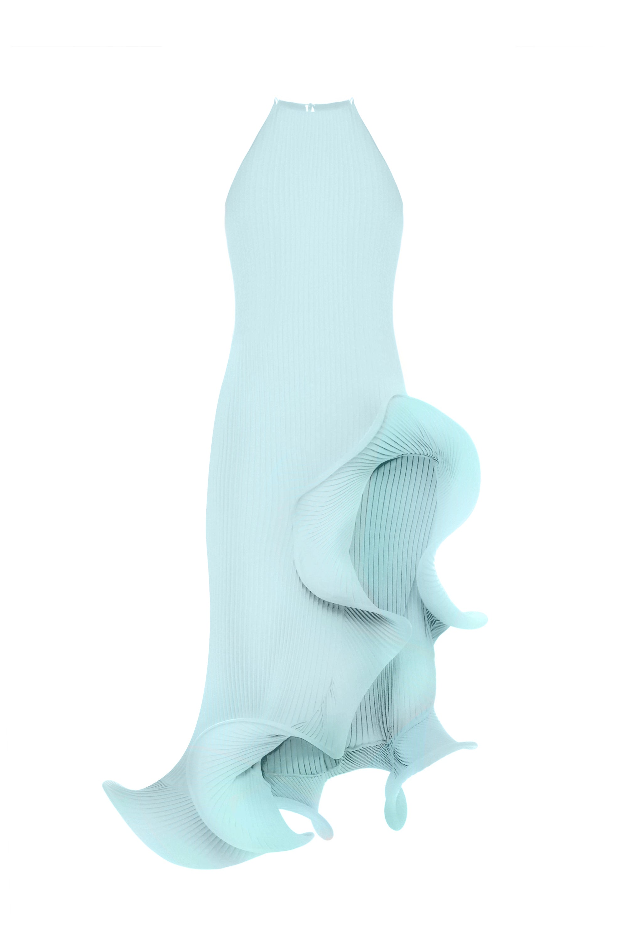 Loulou Dress Turquoise flat lay — handmade plissé halter maxi dress with sculptural rosette hem detailing on white background by J'amemme