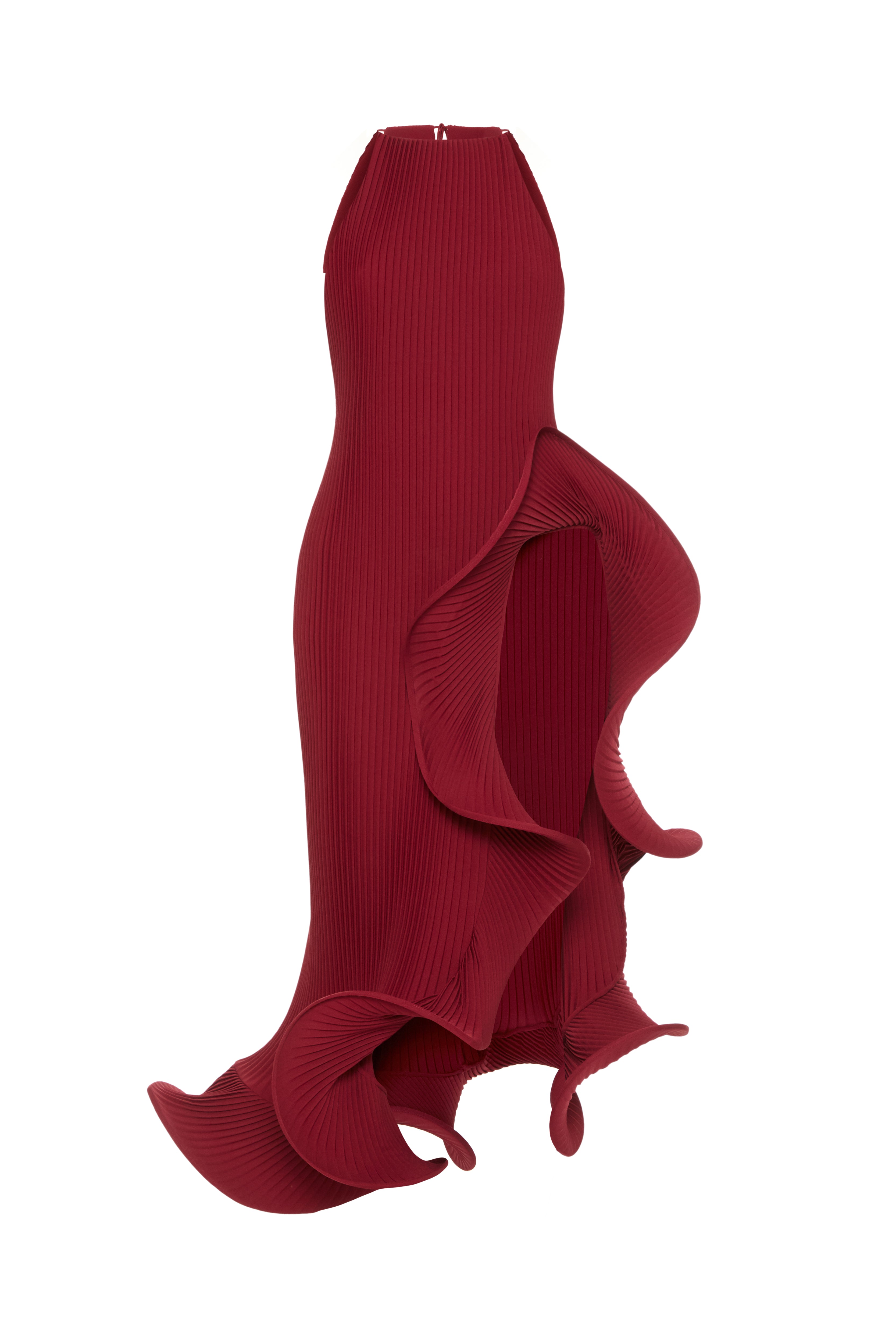 Loulou Set Burgundy front view — handmade plissé halter top and wide-leg trousers with sculptural rosette ruffle detail, flat lay on white background by J'amemme