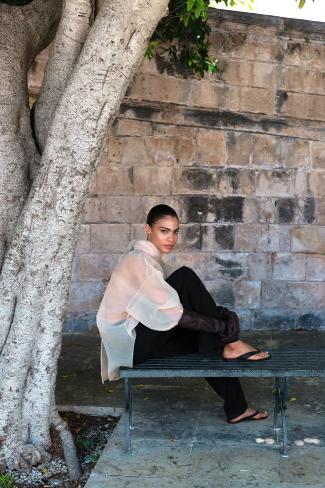 SEMI-SHEER BEIGE SCARF BLOUSE