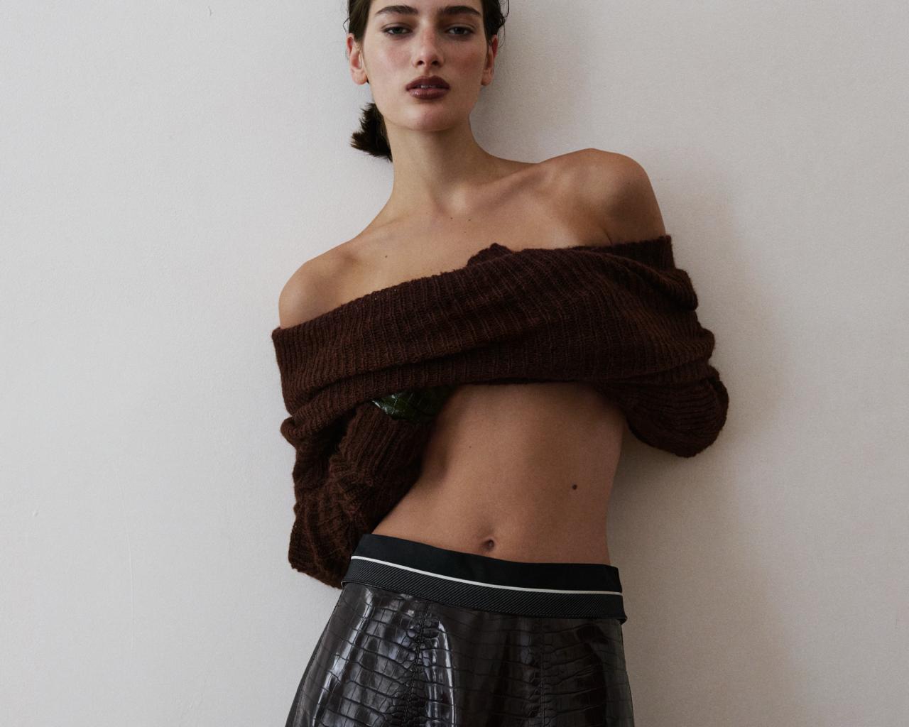 CROCO BROWN FLARE SKIRT