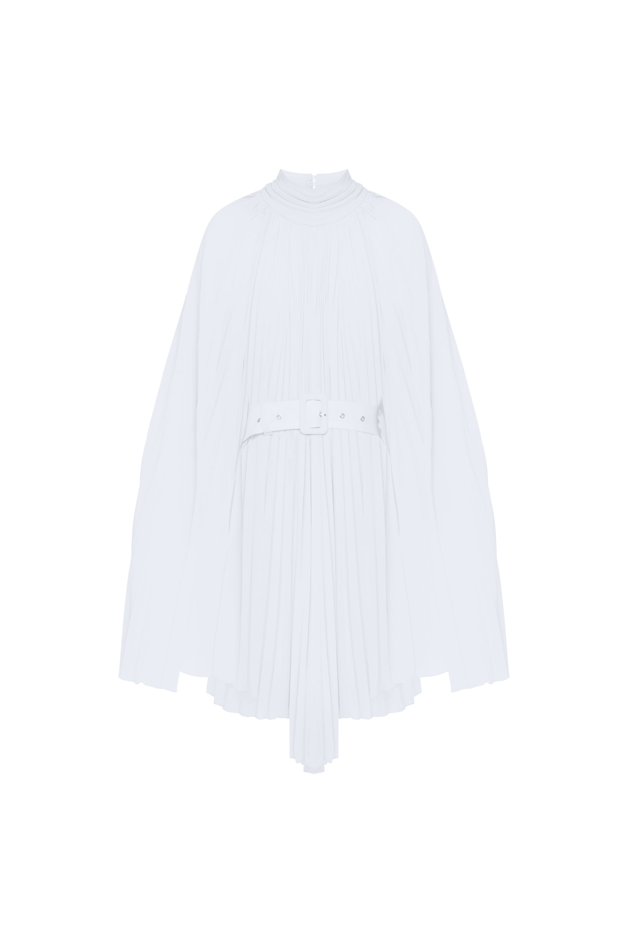 Vivian Pleated Dress White flat lay — handmade chiffon plissé bridal dress with high neck and belt detail on white background by J'amemme