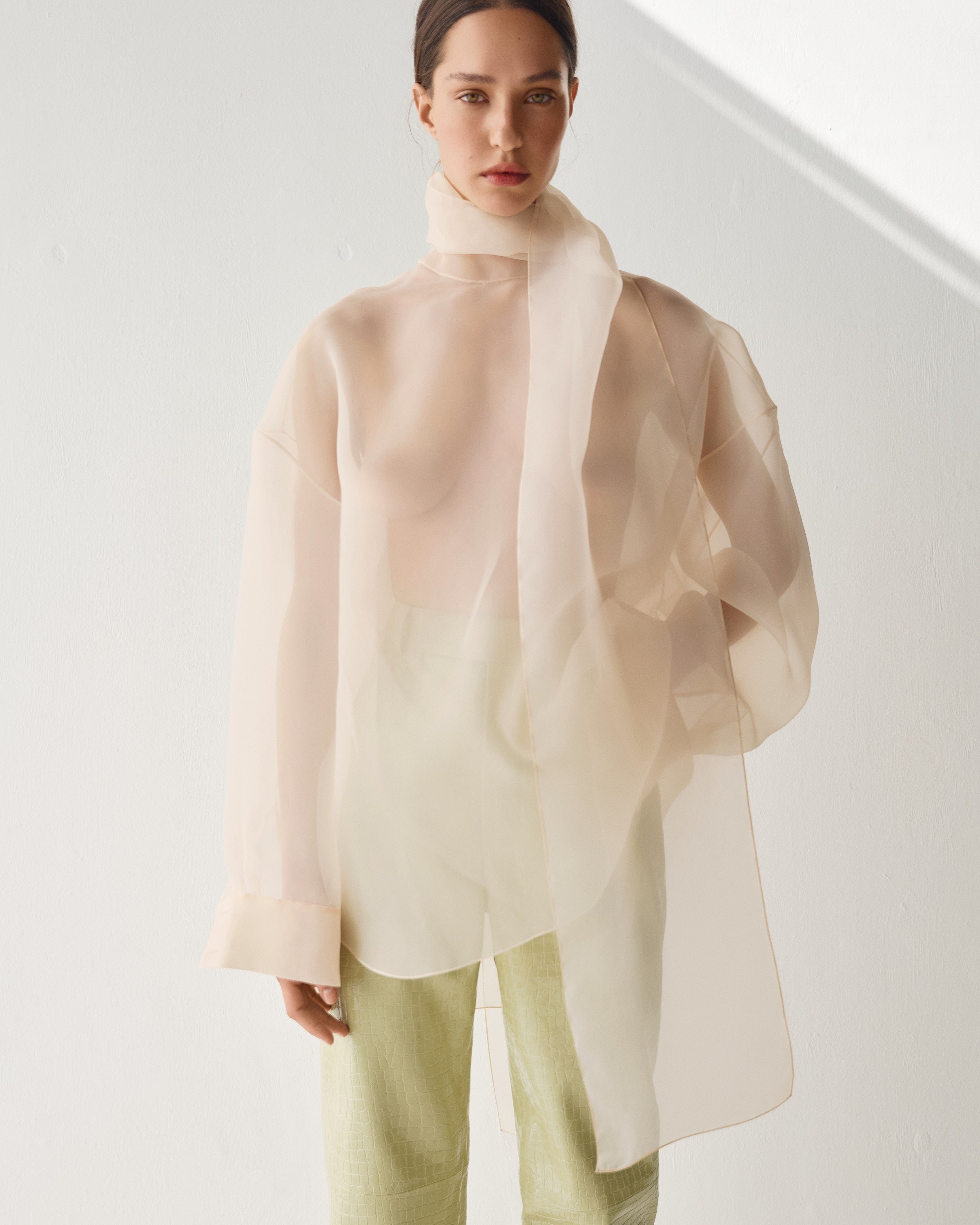 SEMI-SHEER LIGHT BEIGE SCARF BLOUSE