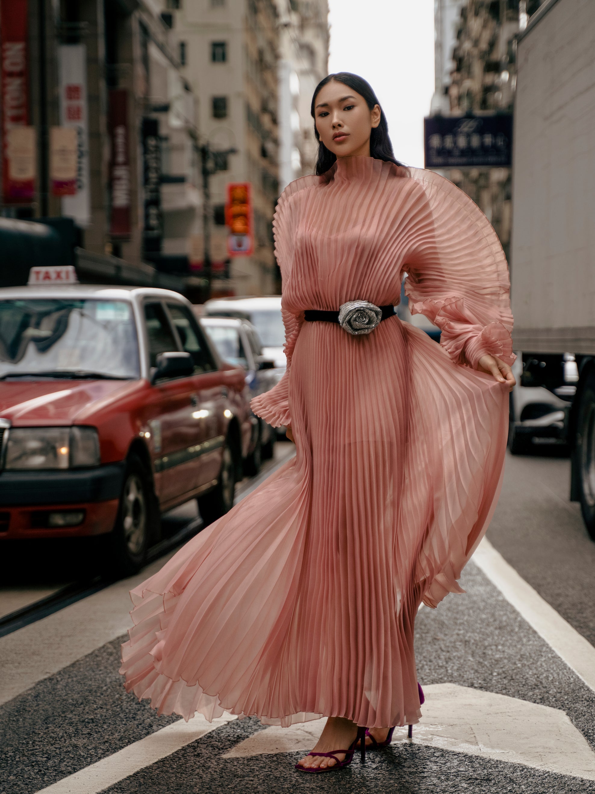 ALISHA PLEATED CARAMEL DRESS