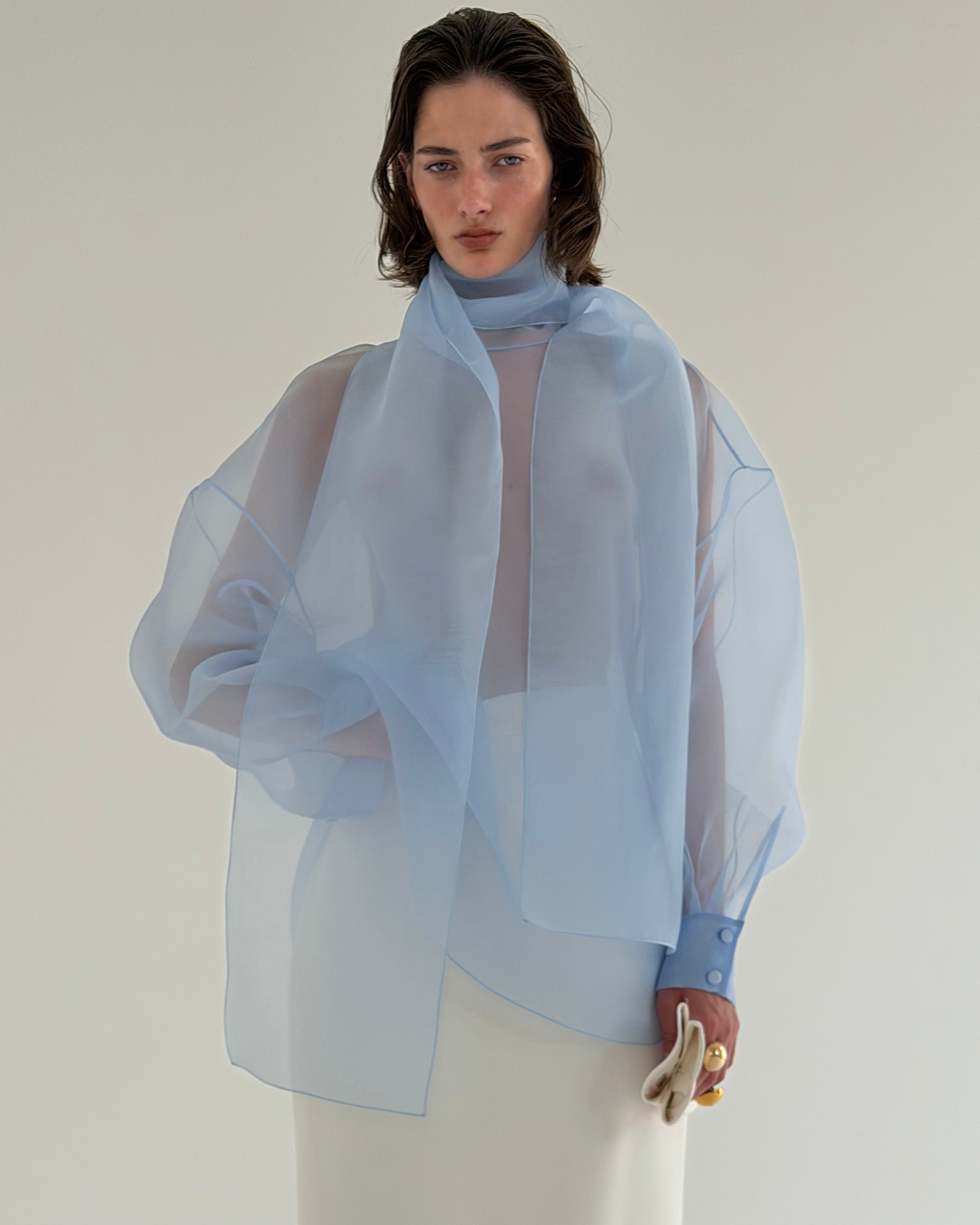 SEMI-SHEER BLUE SCARF BLOUSE