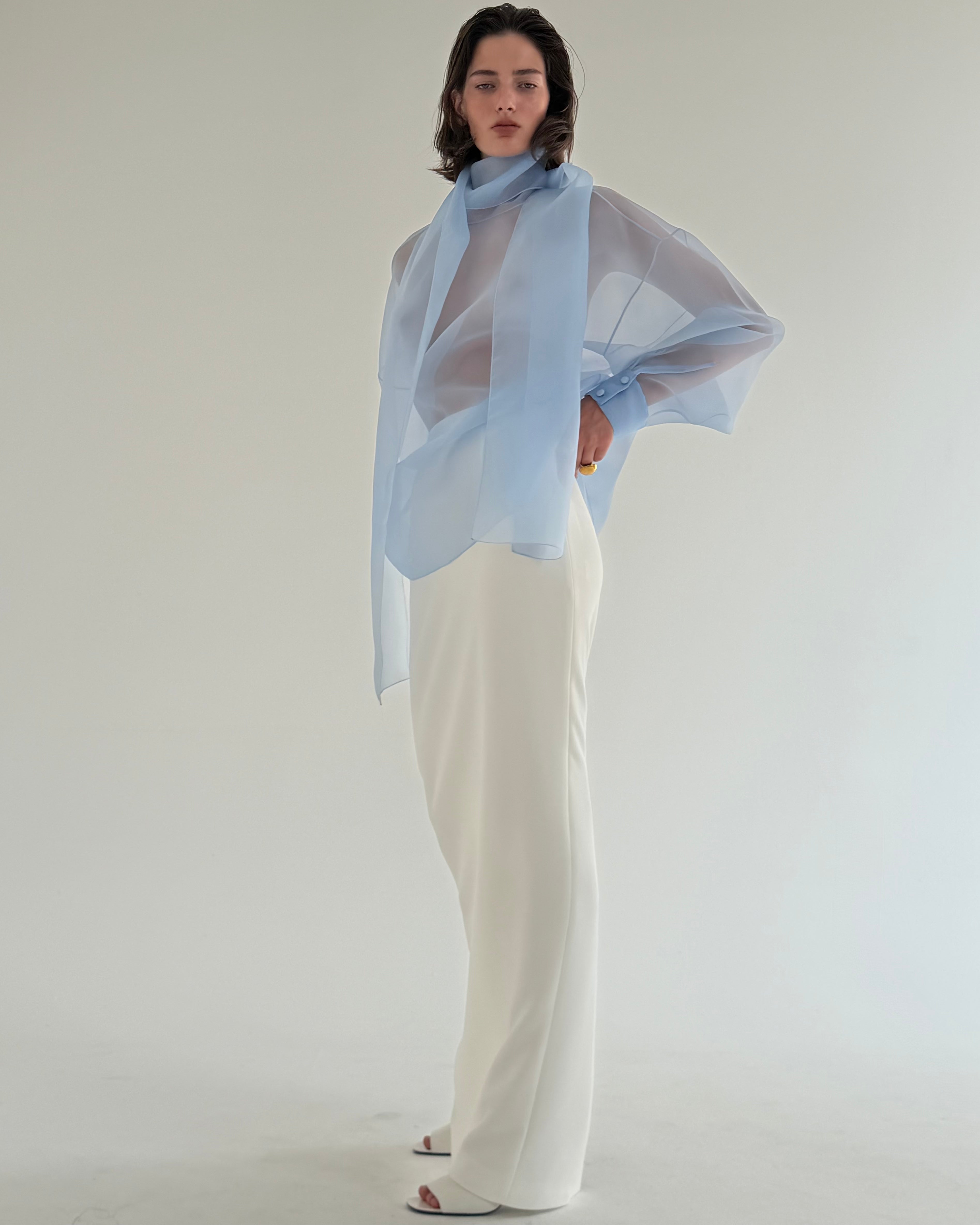 SEMI-SHEER BLUE SCARF BLOUSE