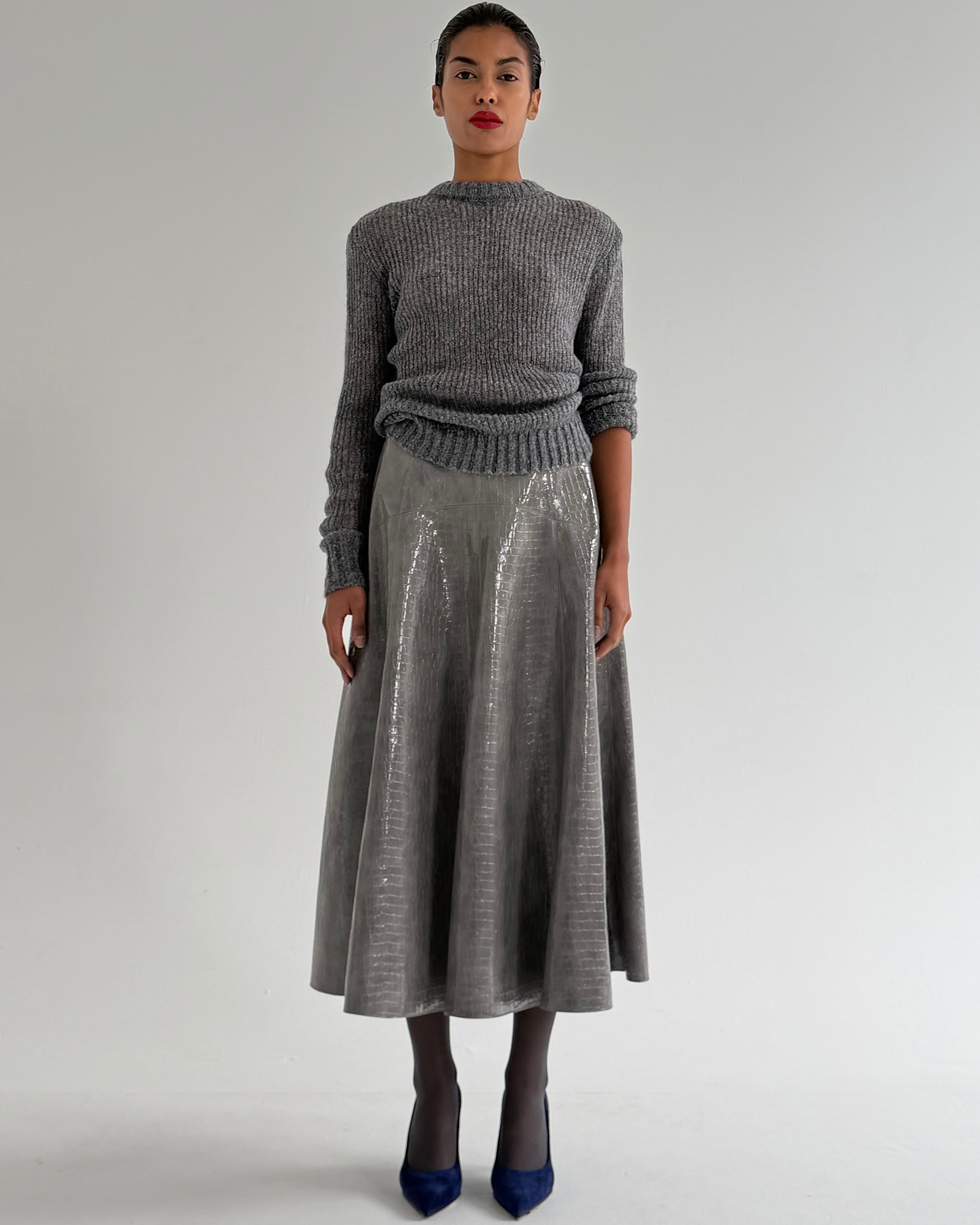 CROCO GREY FLARE SKIRT