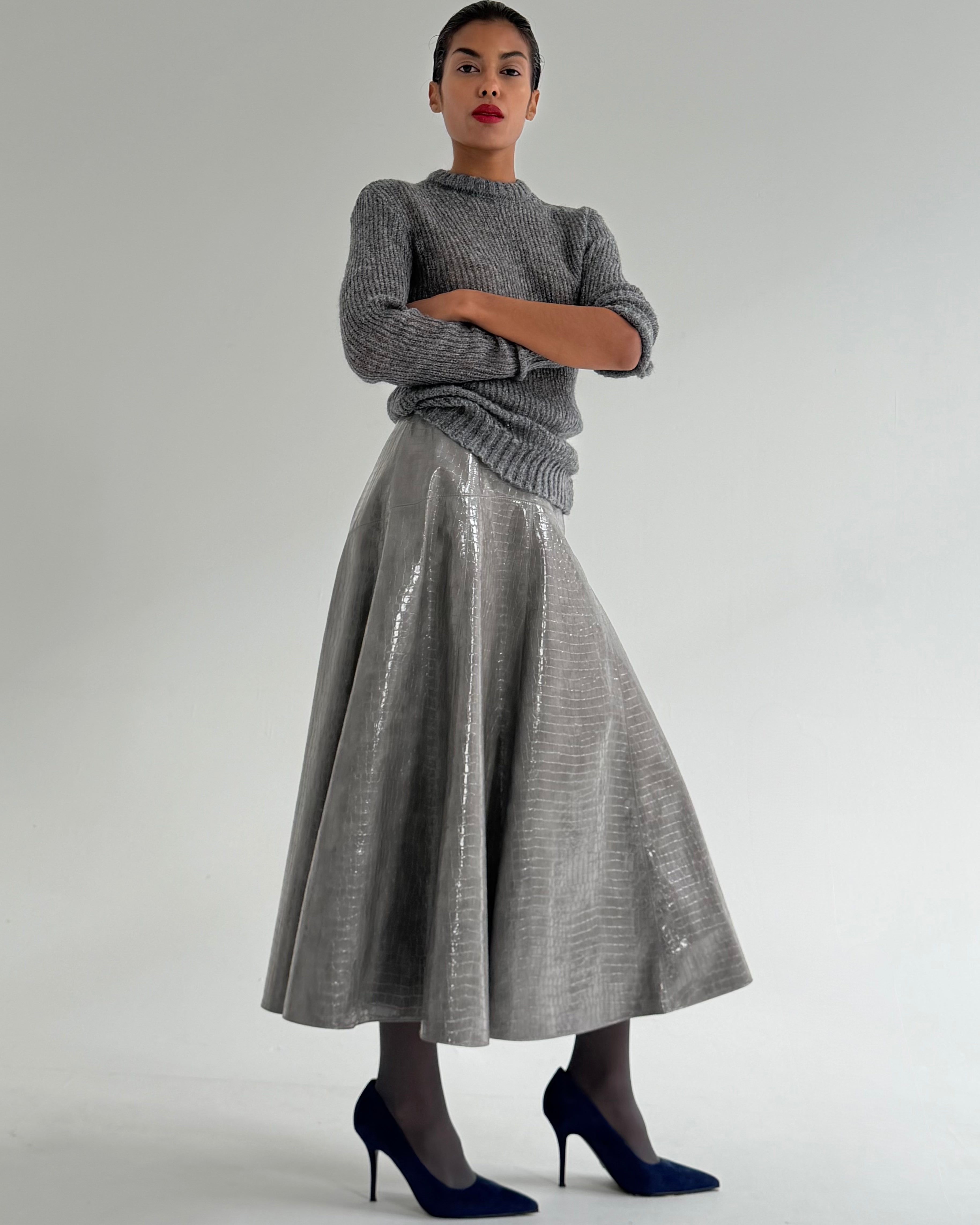 CROCO GREY FLARE SKIRT