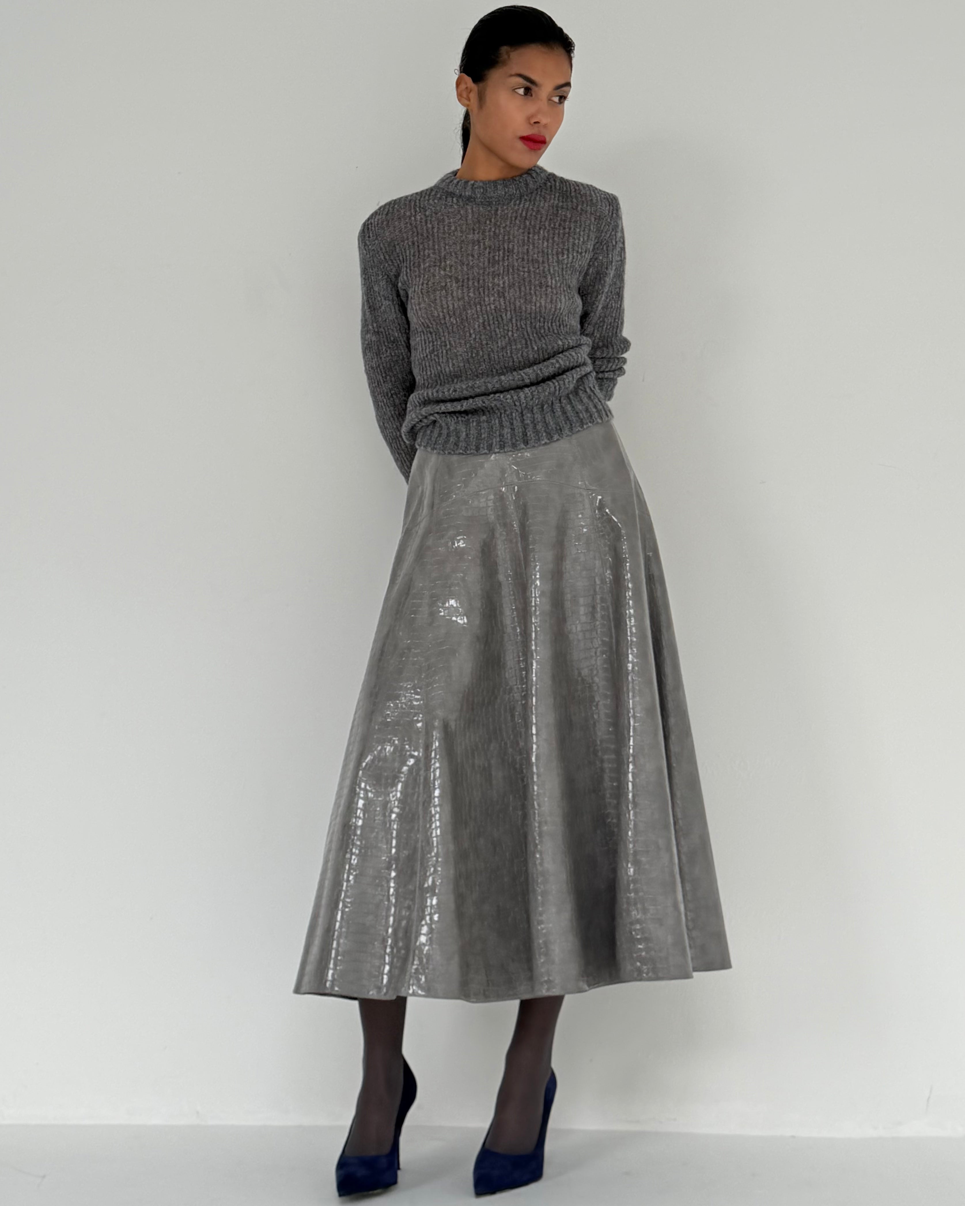 CROCO GREY FLARE SKIRT