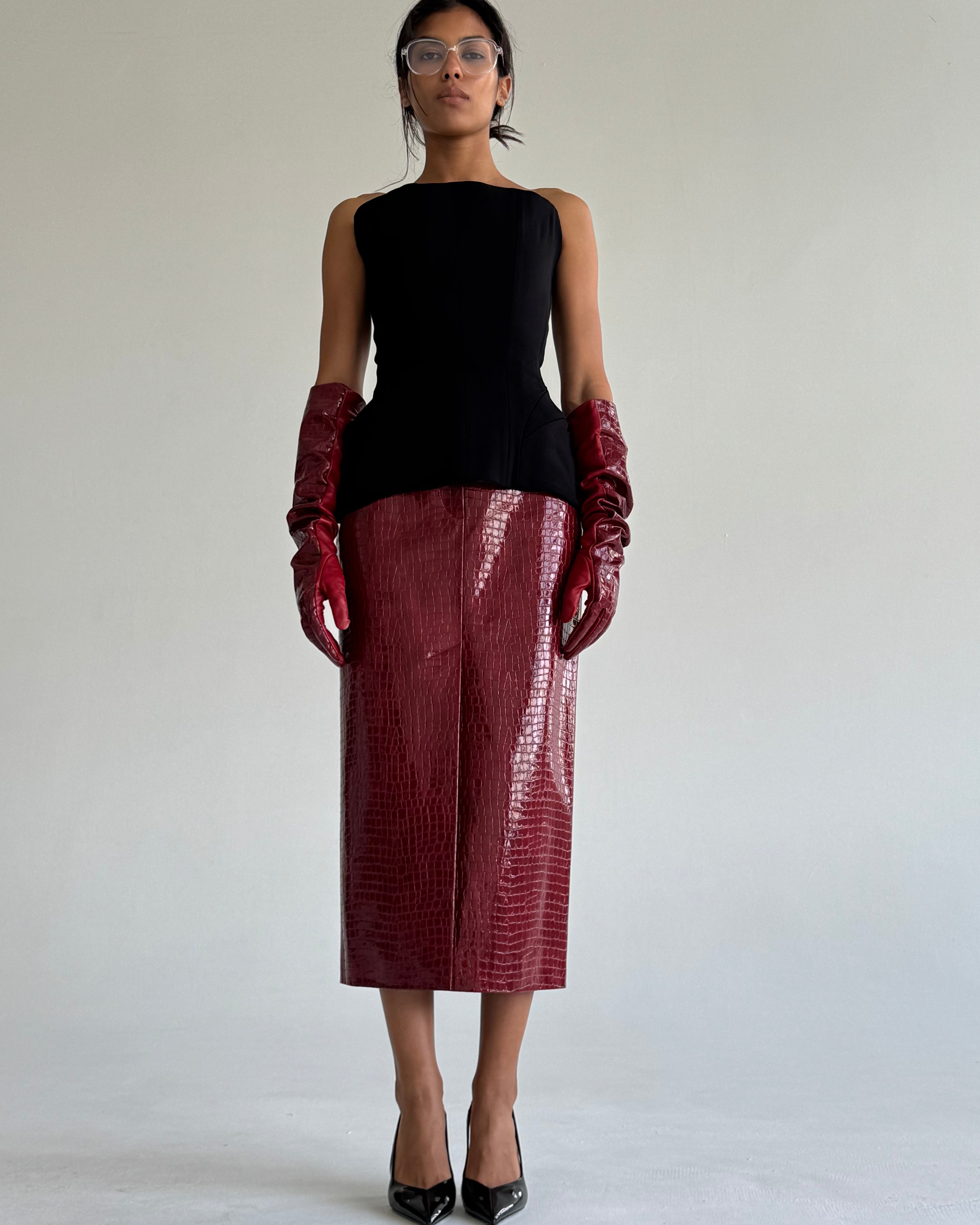 CROCO BURGUNDY MIDI SKIRT