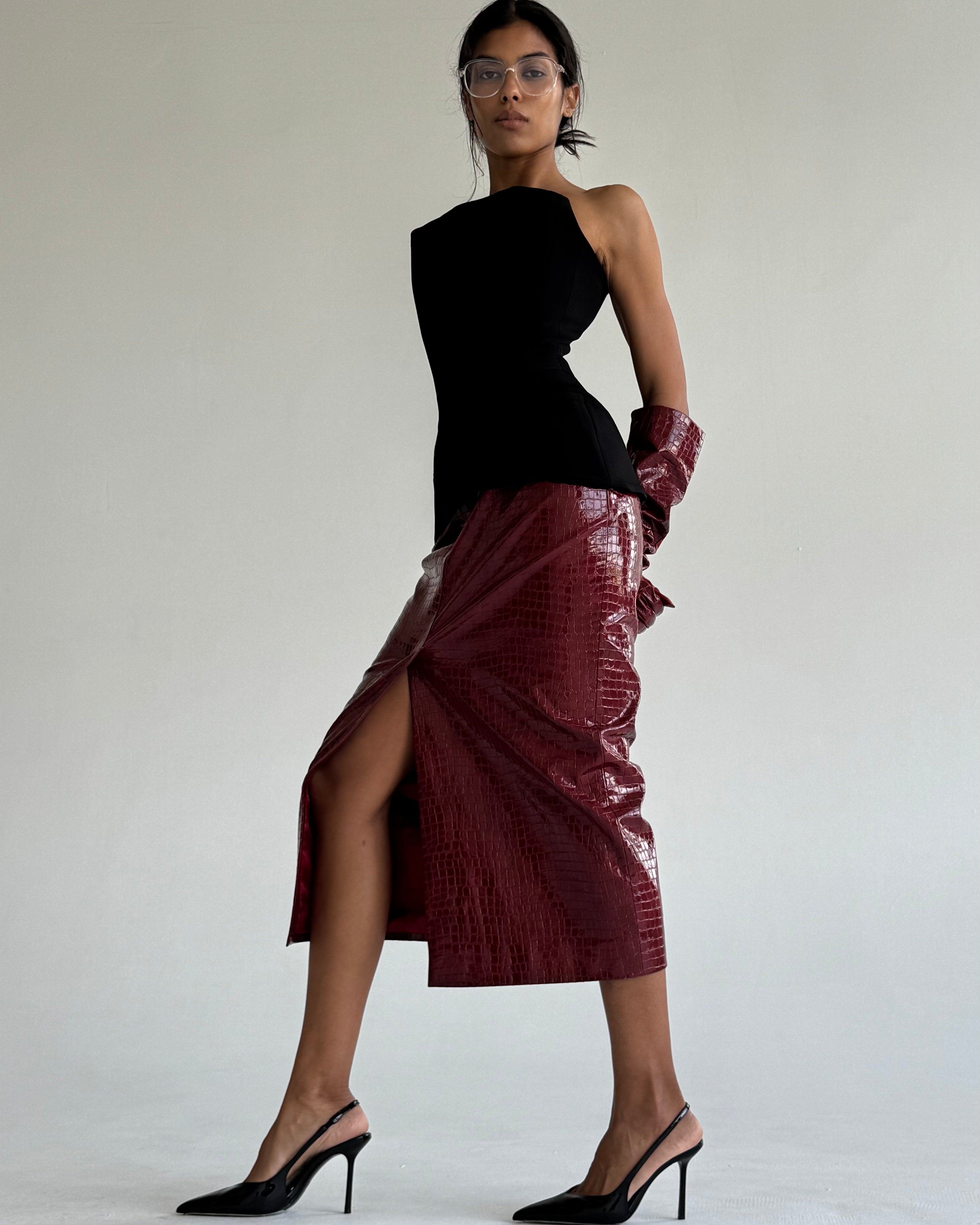 CROCO BURGUNDY MIDI SKIRT