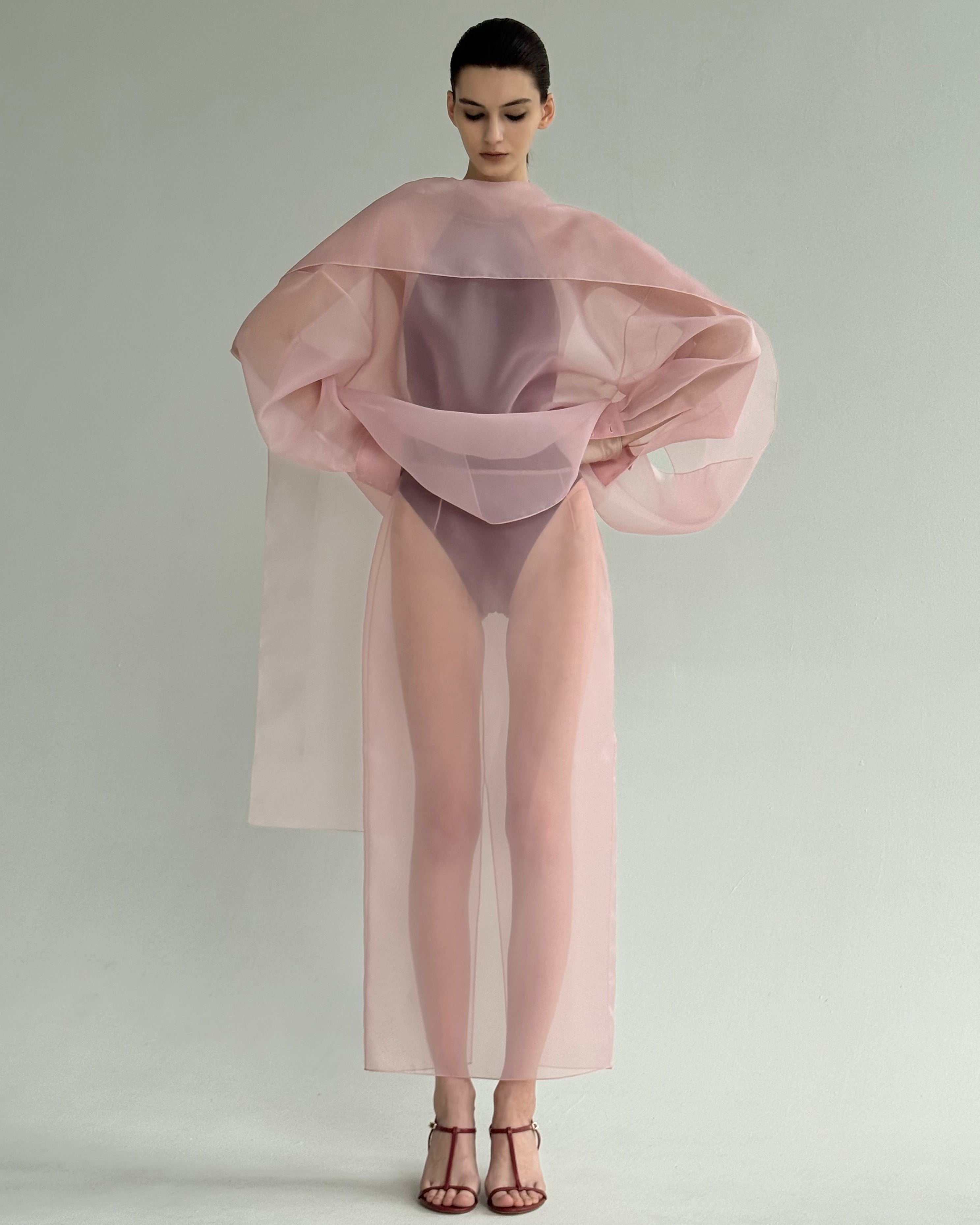 SEMI-SHEER PINK SCARF BLOUSE