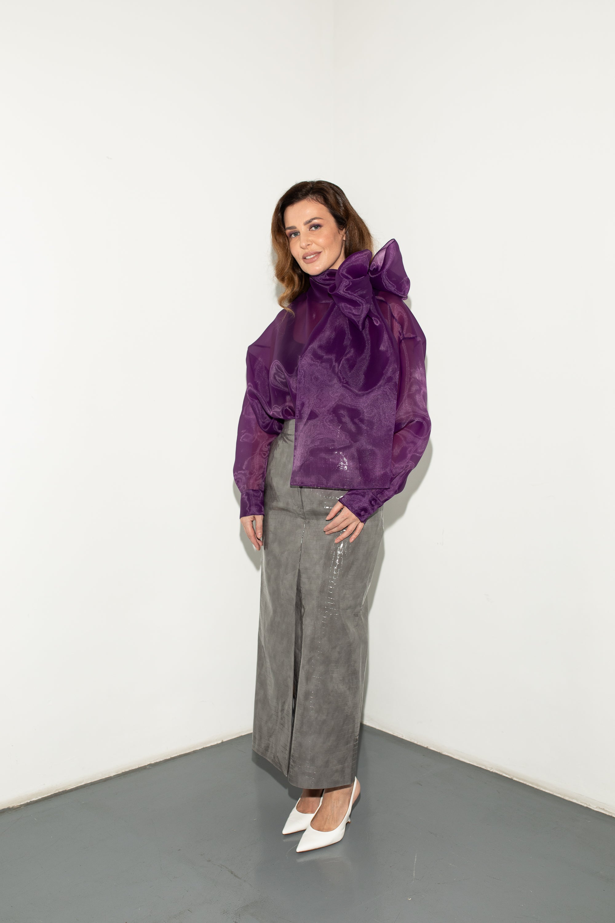 SEMI-SHEER PURPLE SCARF BLOUSE