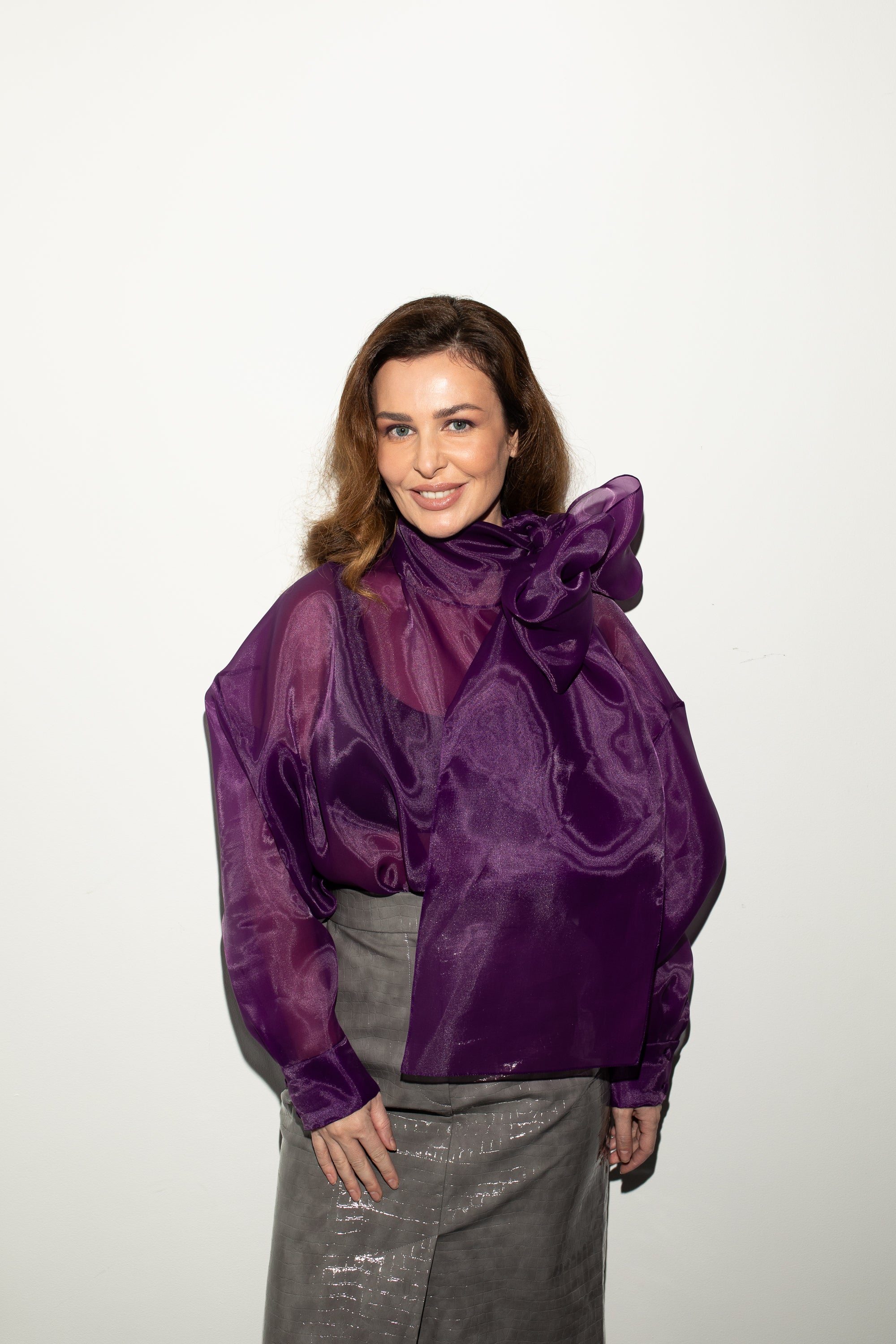 SEMI-SHEER PURPLE SCARF BLOUSE