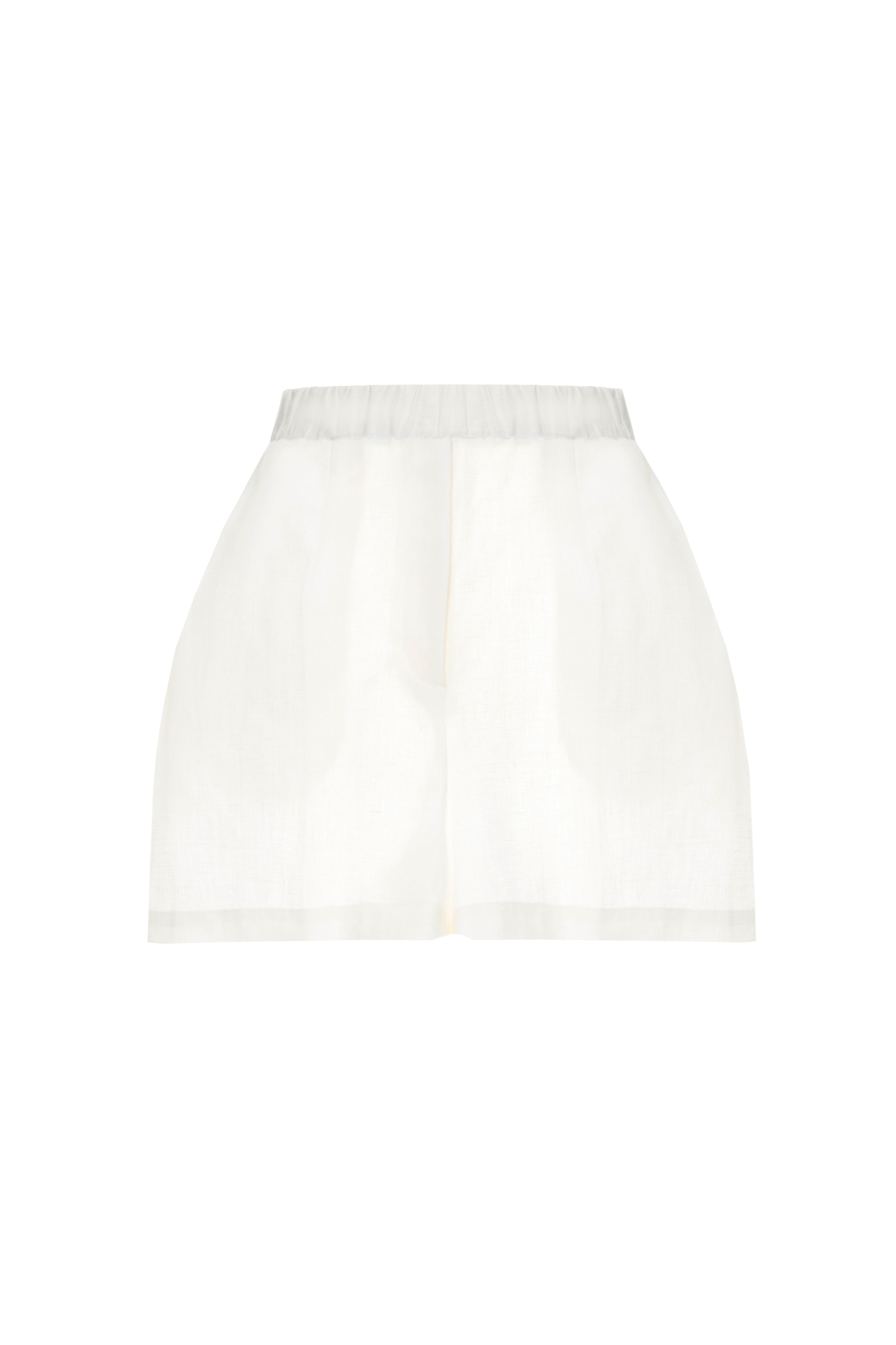 Halkidiki White Shorts by Jamemme, back view of oversized white organic linen shorts with elastic waistband