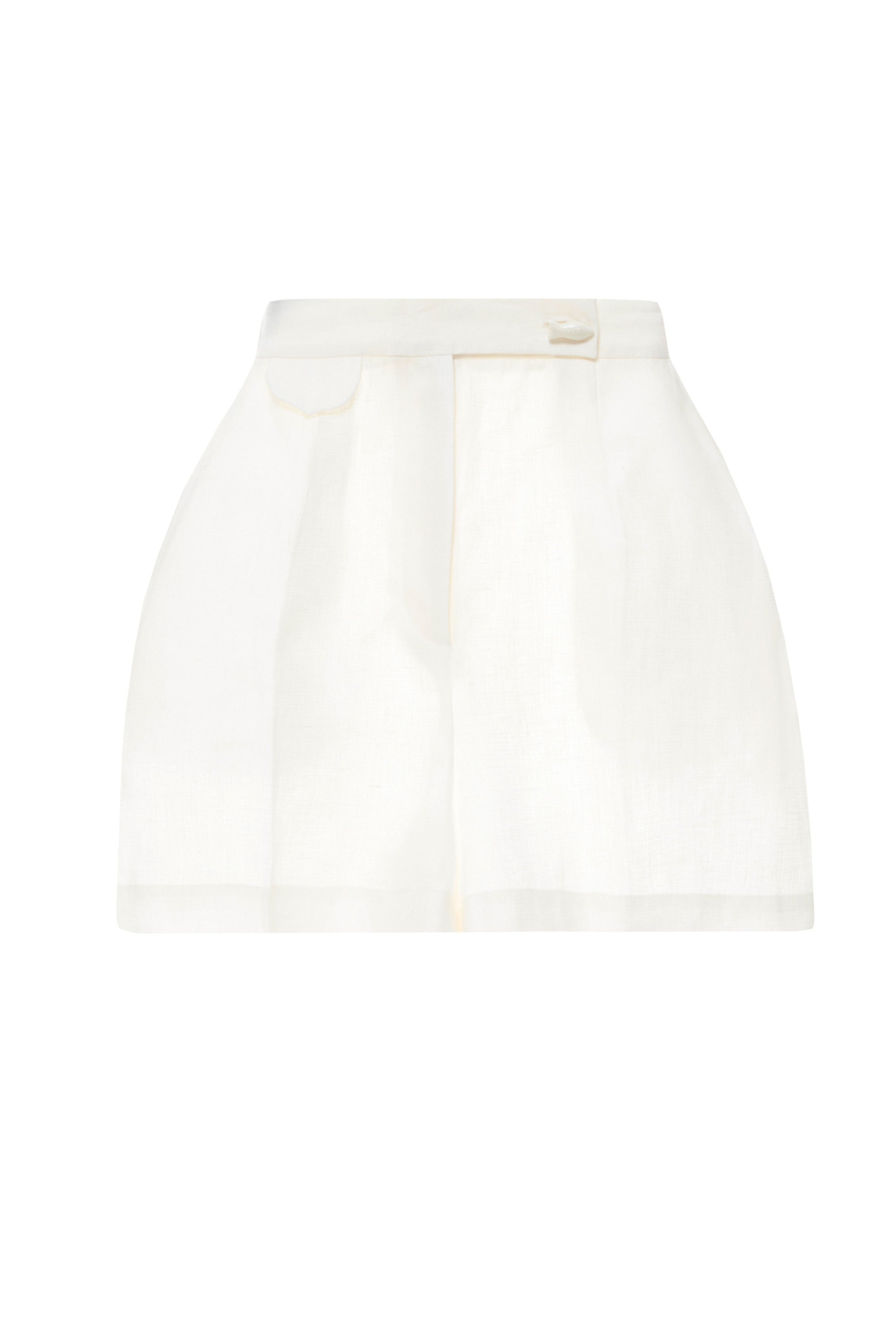 Halkidiki White Shorts by Jamemme, oversized white organic linen shorts with front button closure, flat lay front view