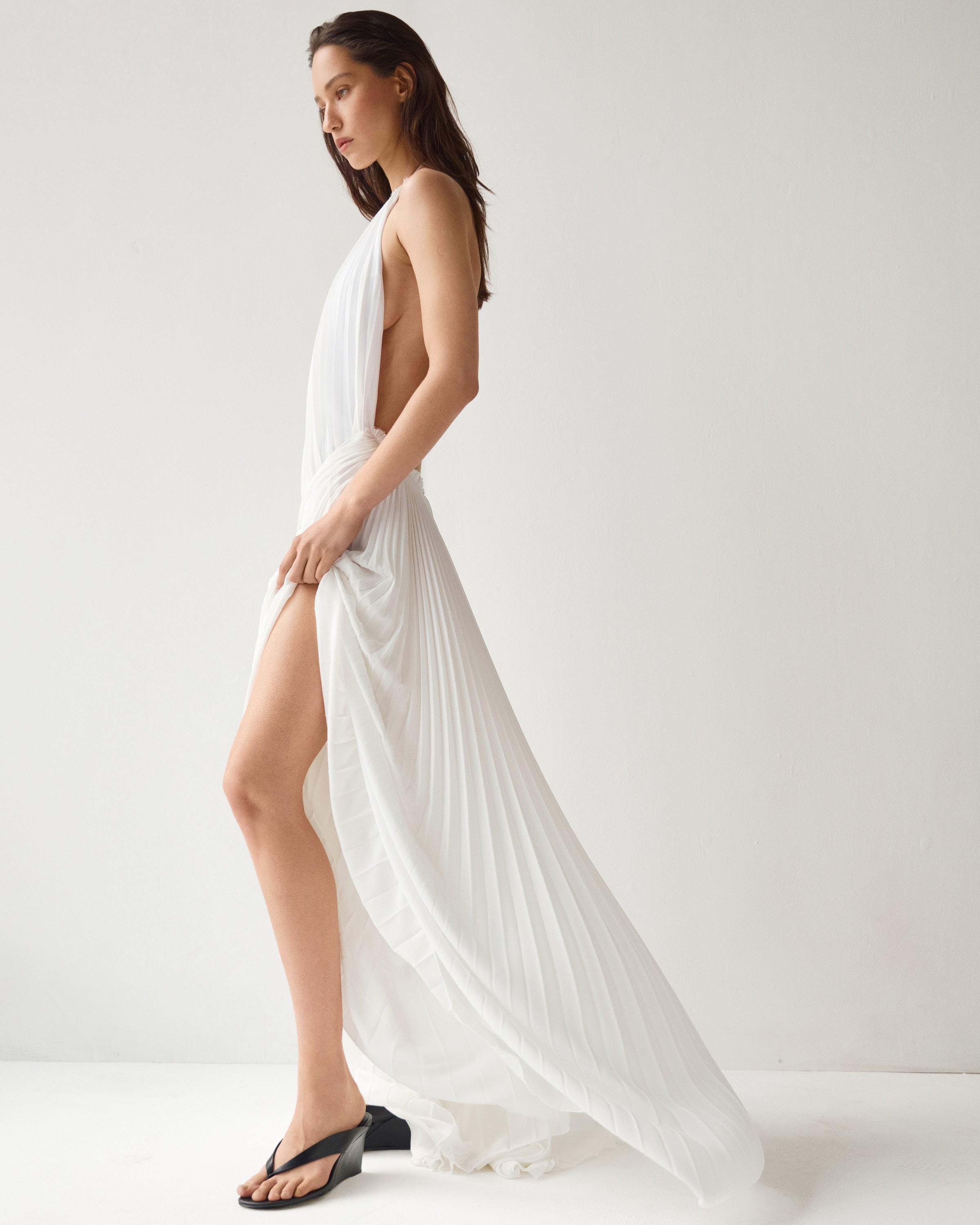 Amelia Pleated Dress by J'amemme - white pleated chiffon gown, back view