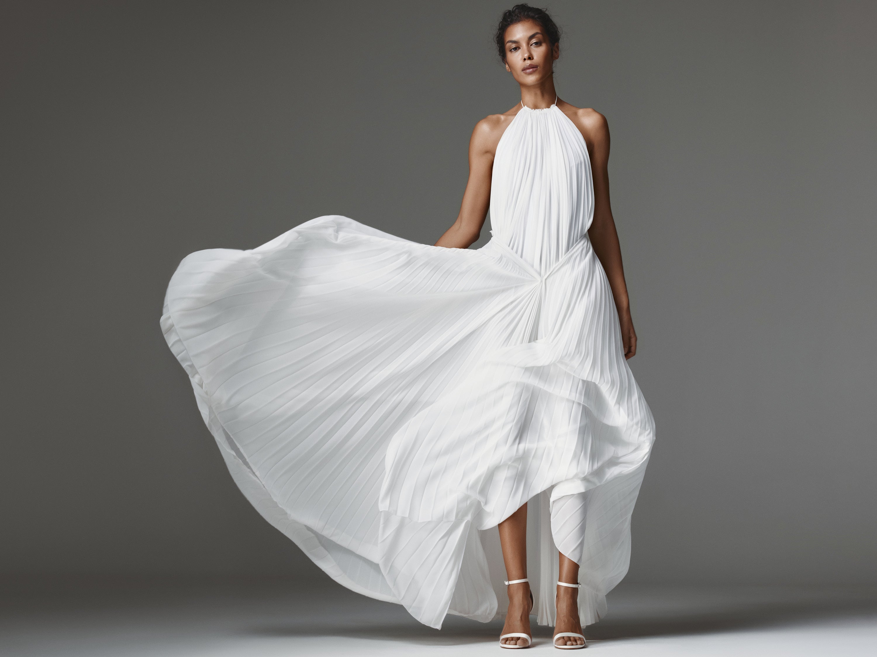 Amelia Pleated Dress by J'amemme - white halter pleated chiffon gown detail