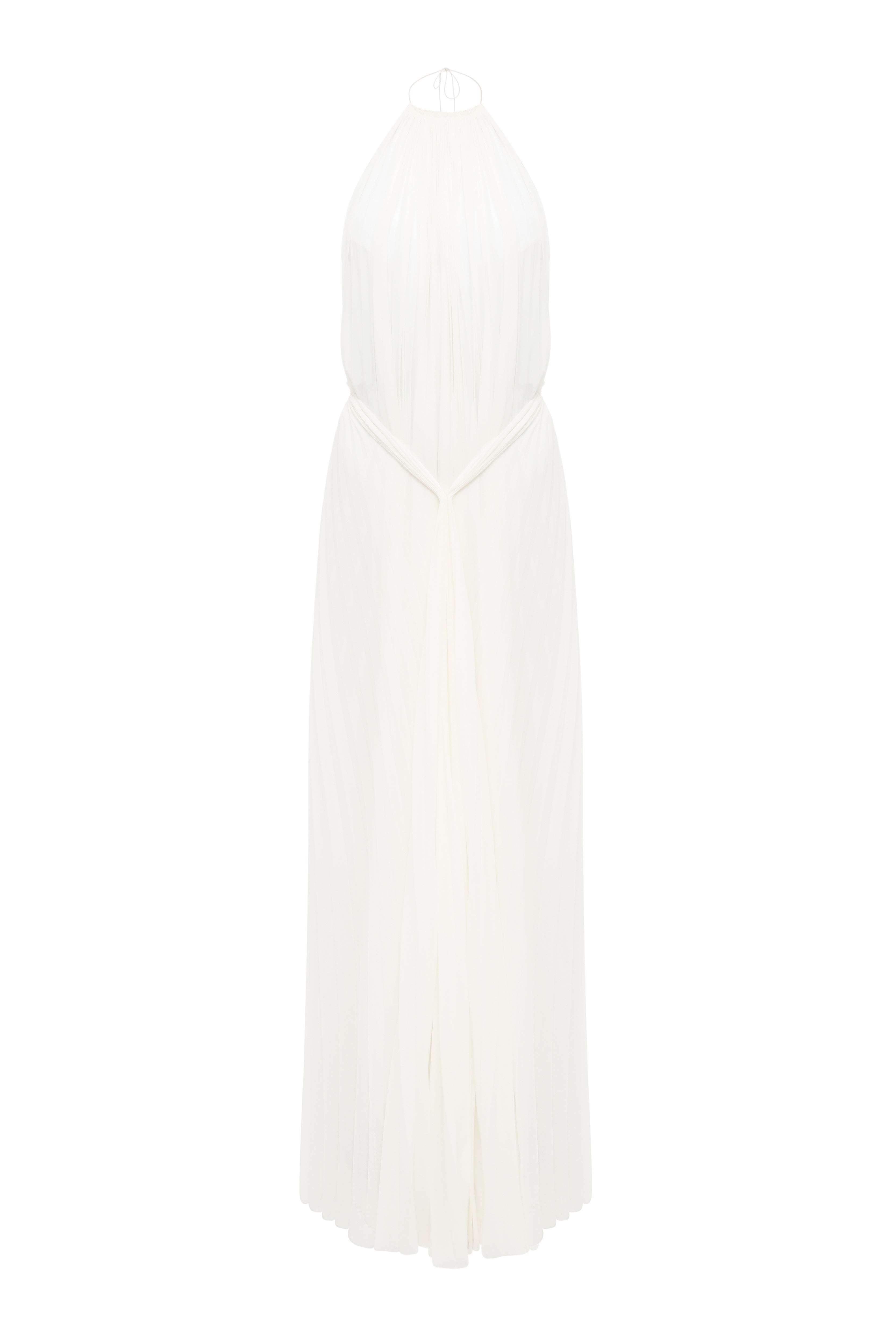 Amelia Pleated Dress in white by Jamemme – hand-pleated chiffon, neck tie, open back. Bridal & wedding dress SS26