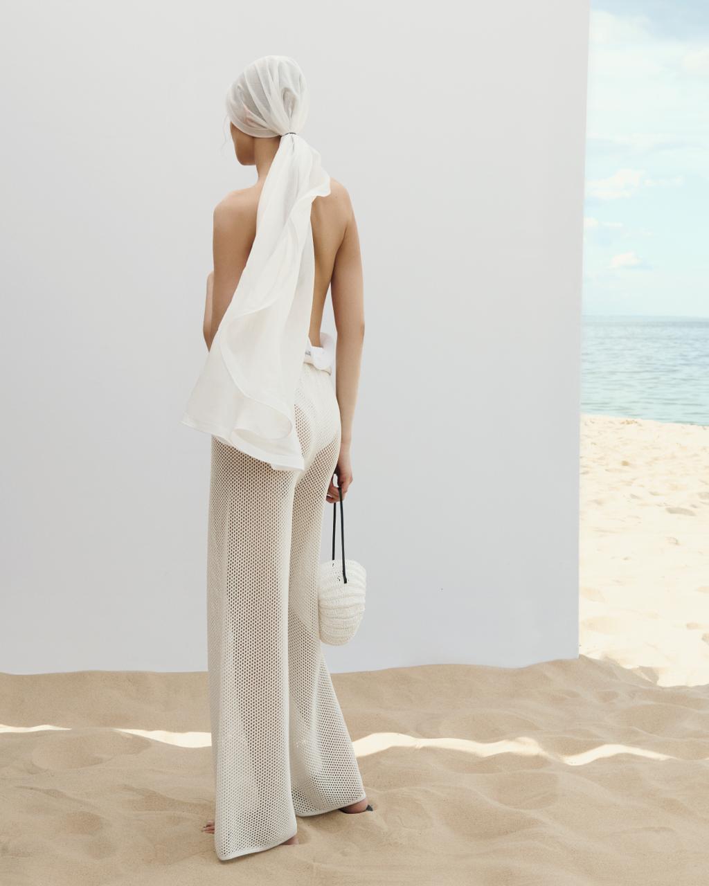 White semi-sheer pareo showing the scalloped wave edge — J'AMEMME Amphitrite, Resort '27