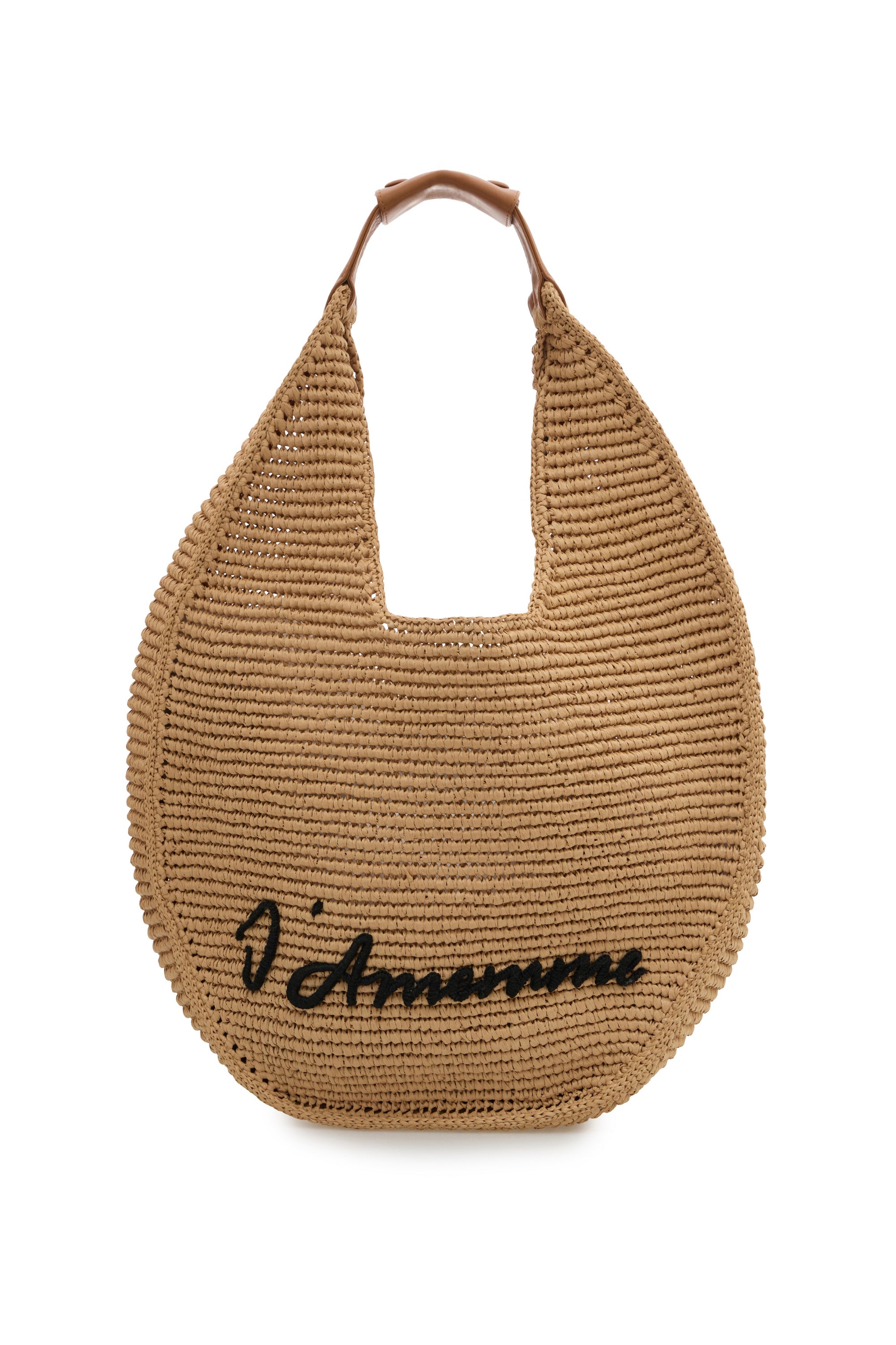 Beige hand-woven raffia hobo slouch bag with a leather-trimmed handle — J'AMEMME Attica, Resort '27