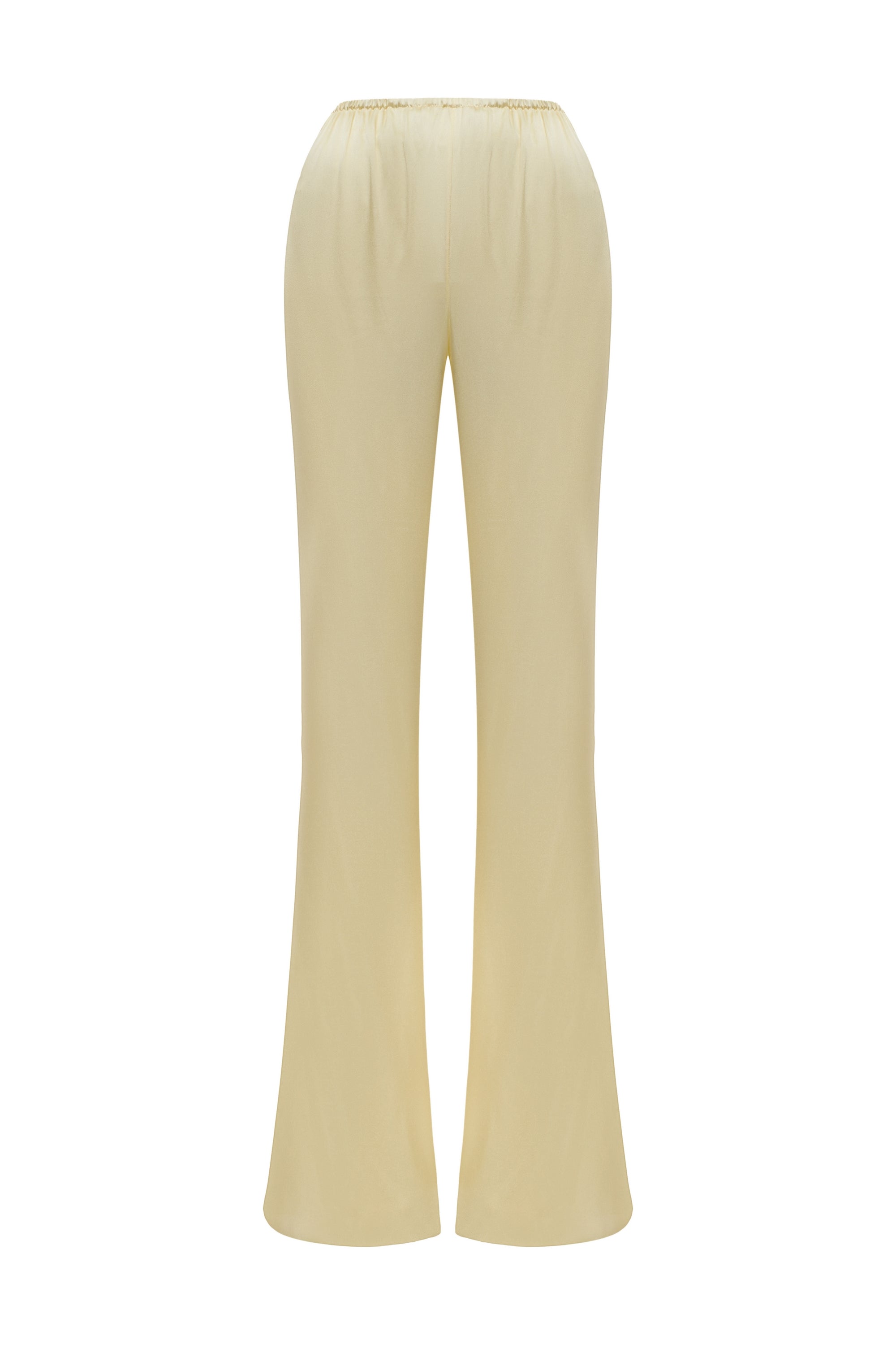 Pastel yellow silk trousers from the two-piece Aura set in 100% natural silk — J'AMEMME, Resort '27