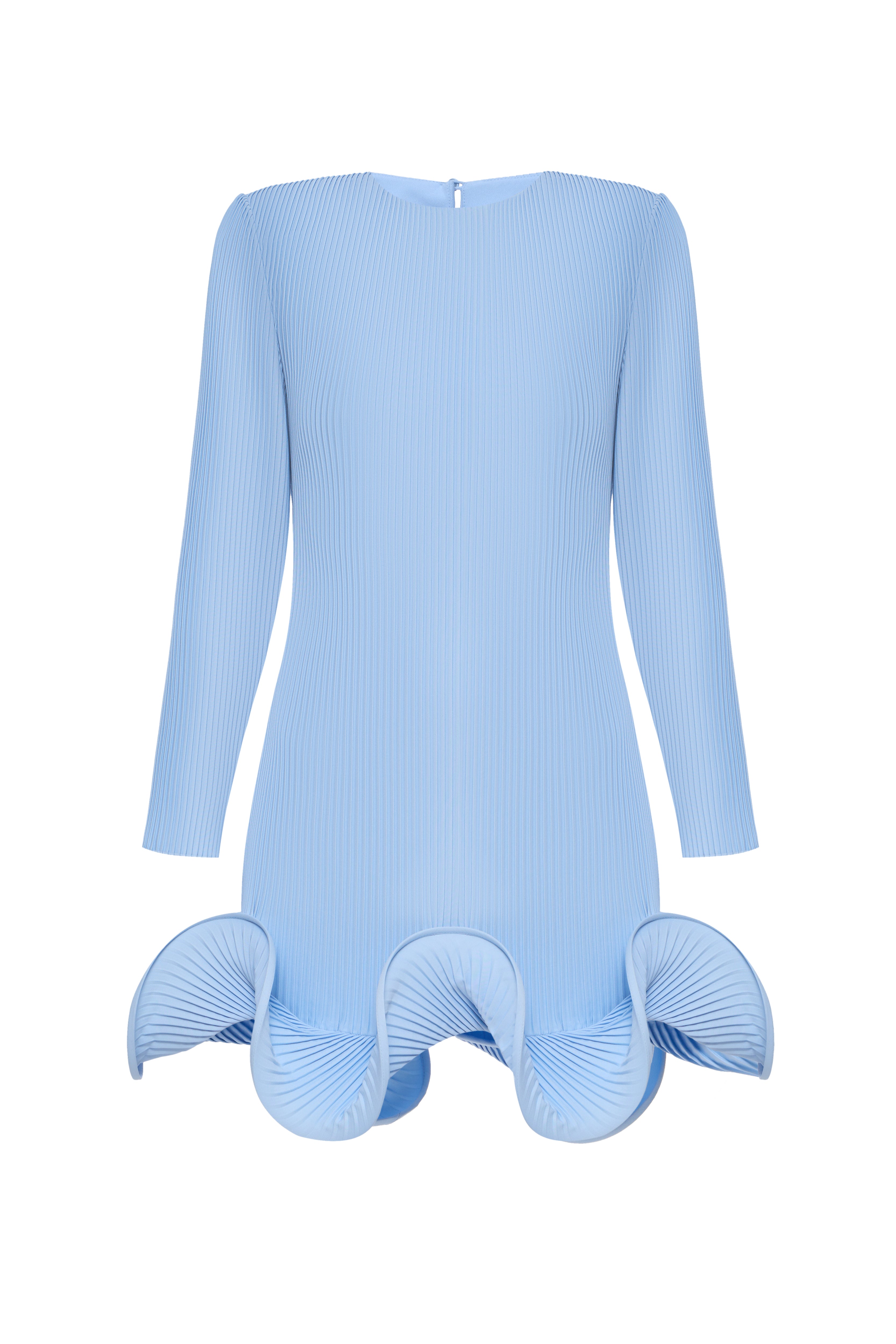 Jamemme Beatrice Mini Dress in blue - hand-pleated polyester mini dress with sculptural hem, Spring-Summer 2026