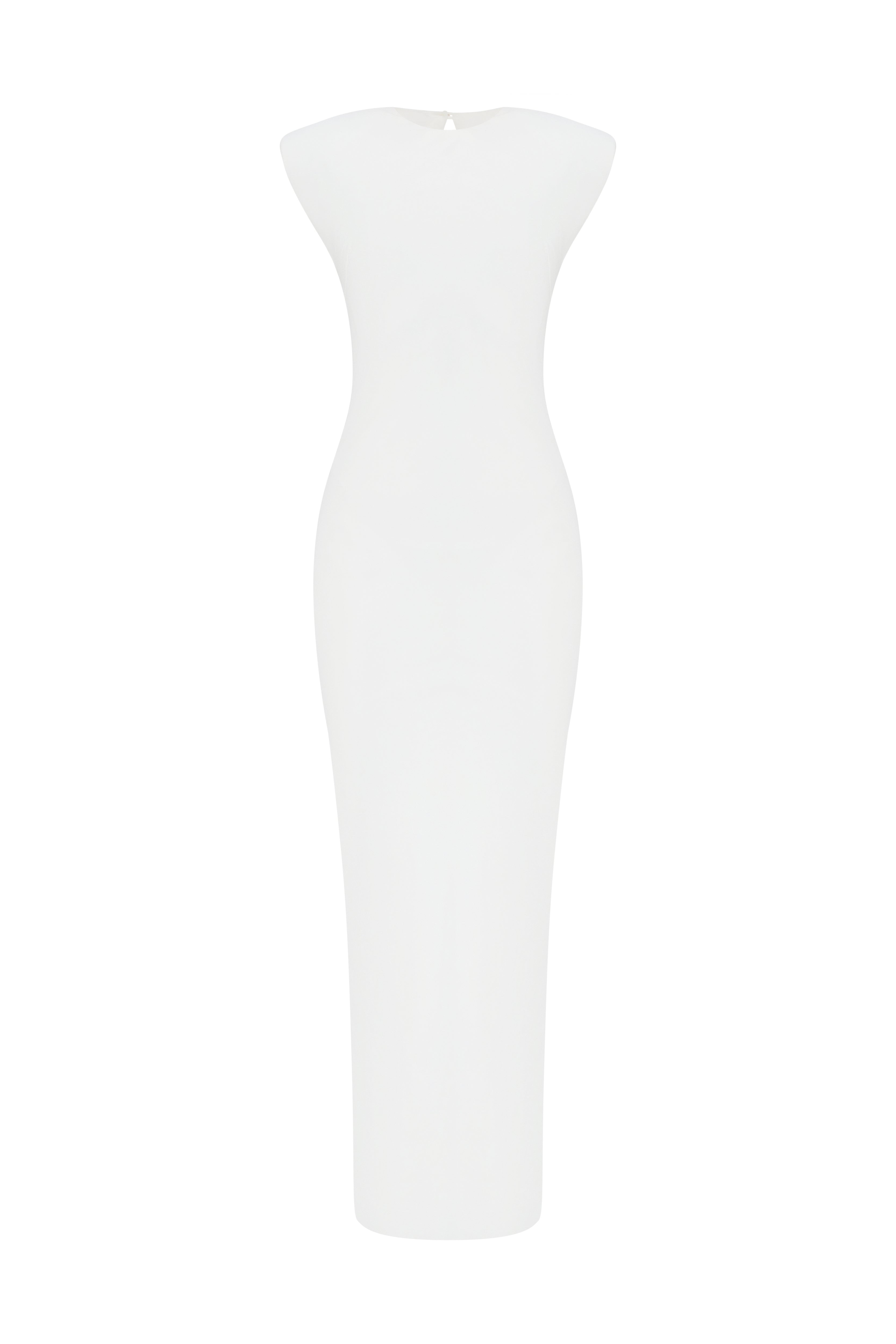 Clemence Dress by J'amemme — flat product shot of the white column gown with square cap-sleeve shoulders