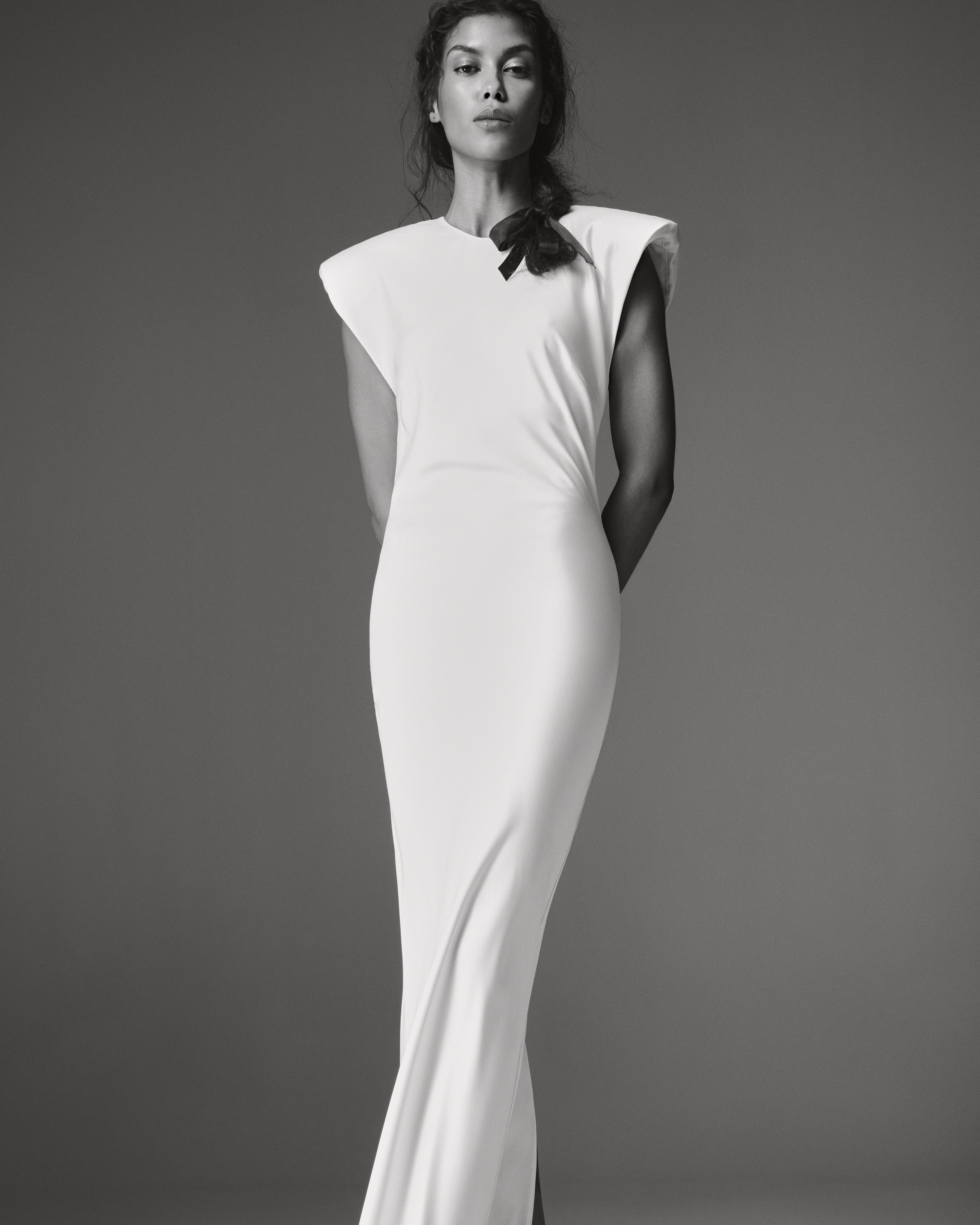 Clemence Dress by J'amemme — black and white view of the structured-shoulder white column gown