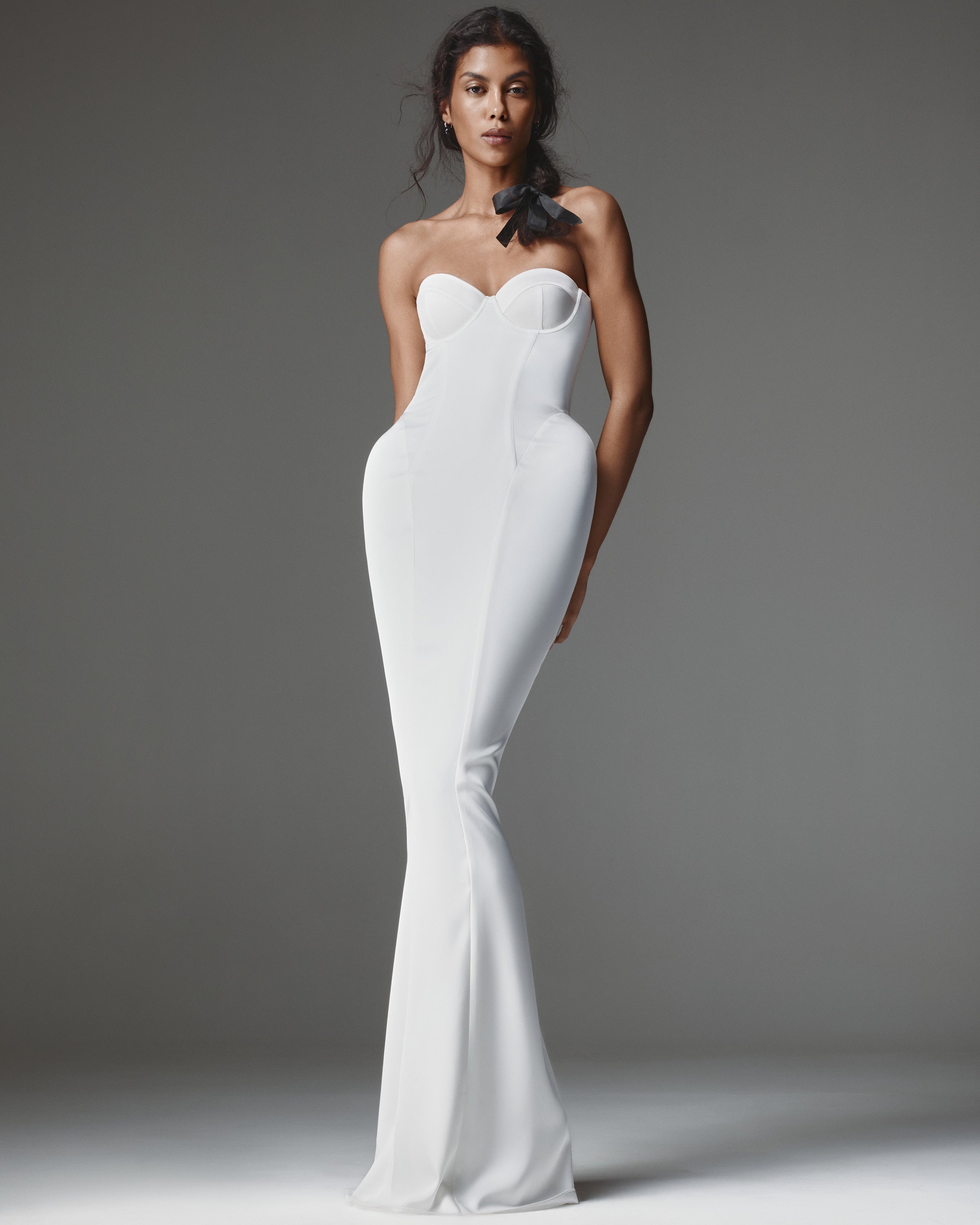Constance Corset Dress by J'amemme — front view, strapless satin corset gown with sweetheart neckline and mermaid hem