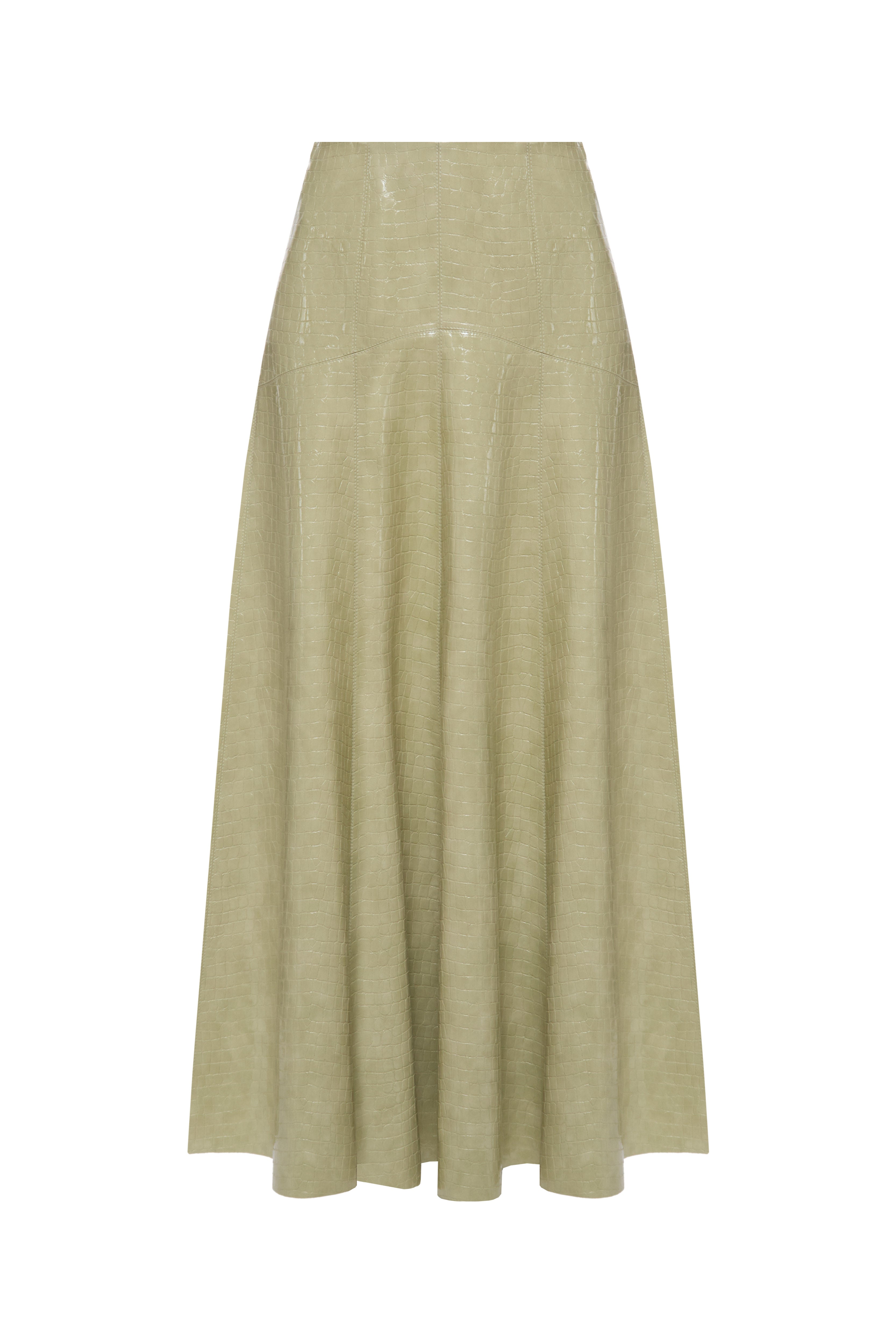 Jamemme CROCO OLIVE FLARE SKIRT - front view eco-leather croco print flare skirt SS26