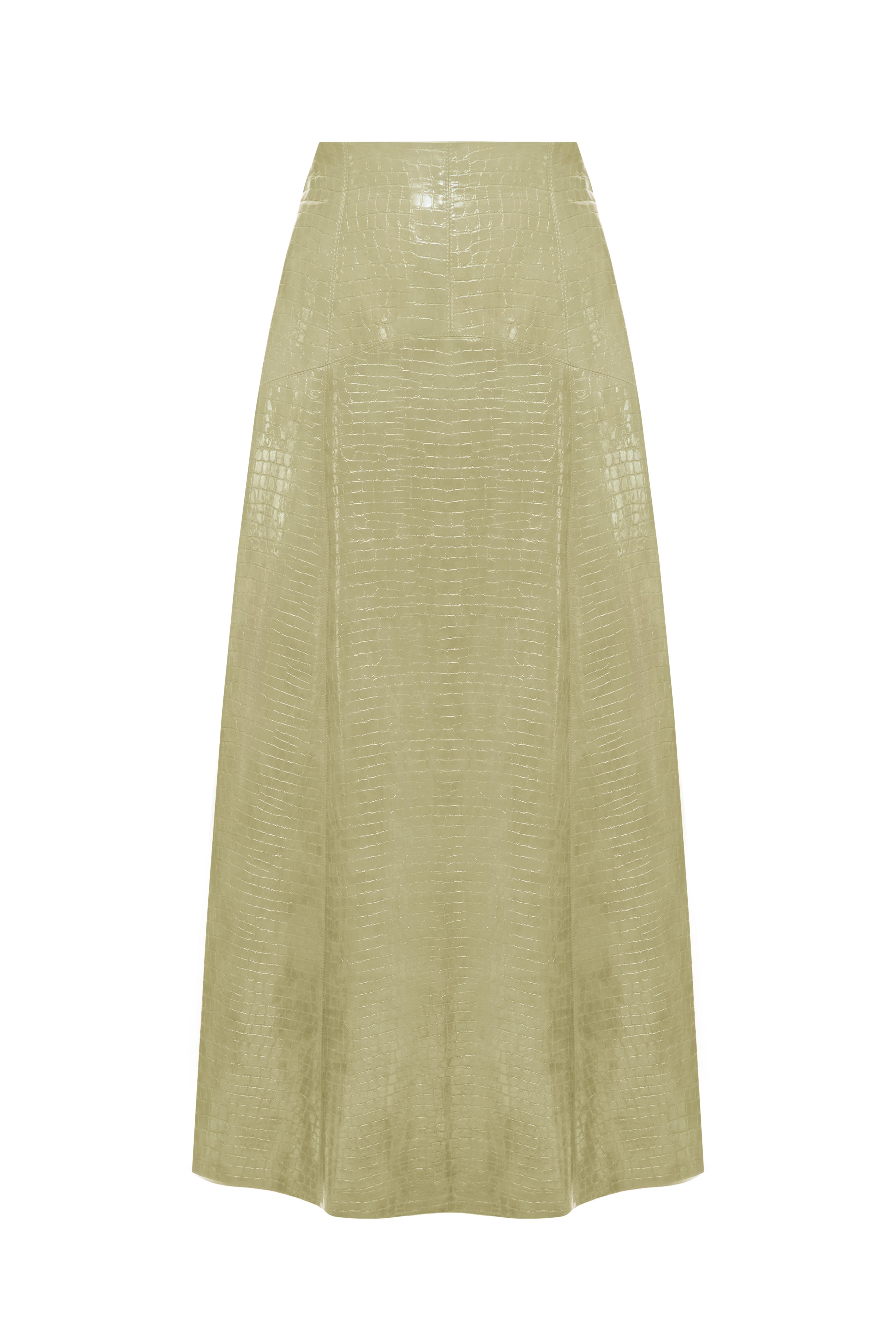 Jamemme CROCO OLIVE FLARE SKIRT - side view eco-leather croco print flare skirt olive SS26