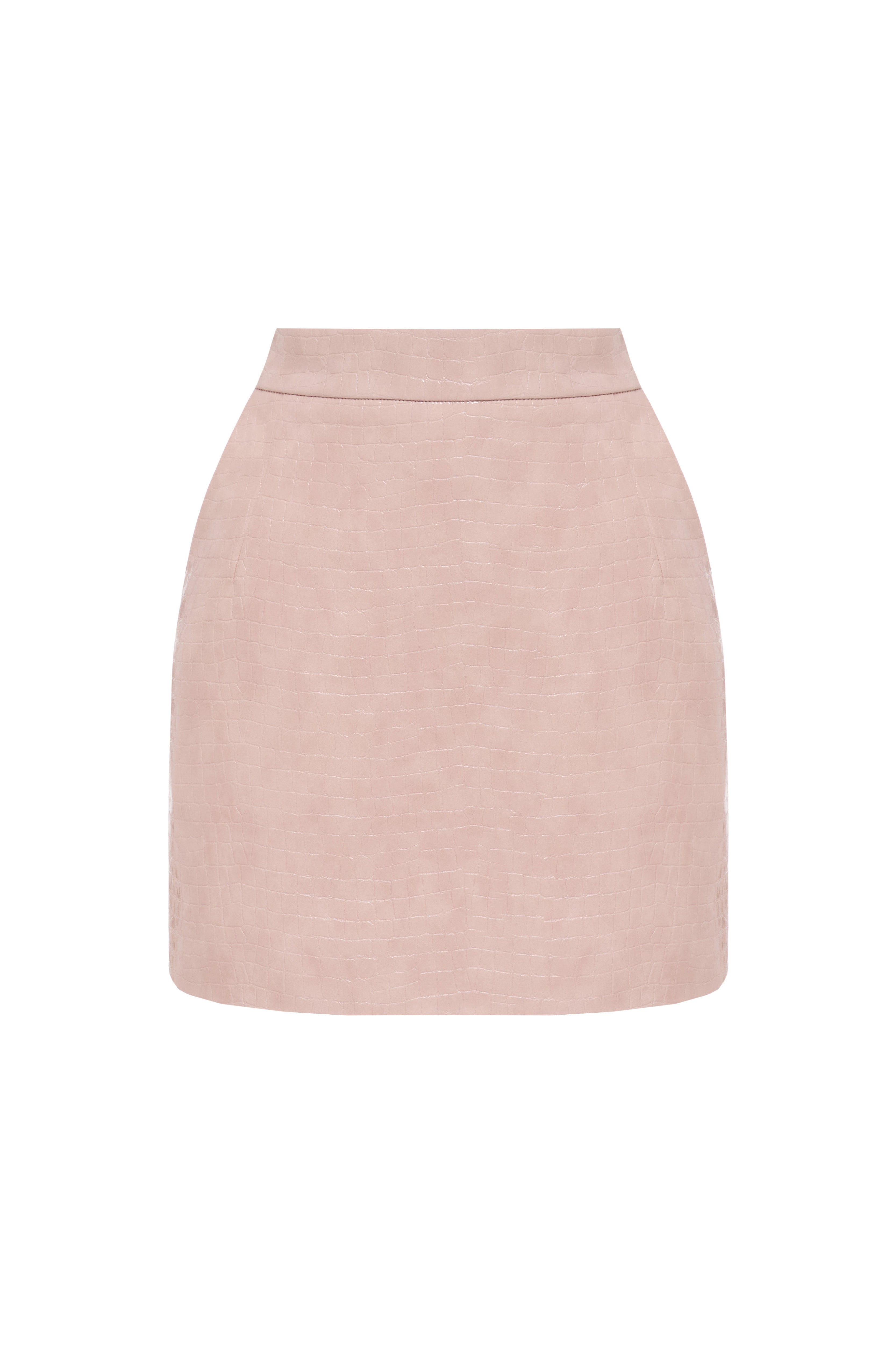 Jamemme Croco Pink Mini Skirt - front view, croco-embossed faux leather, high waist, Spring-Summer 2026