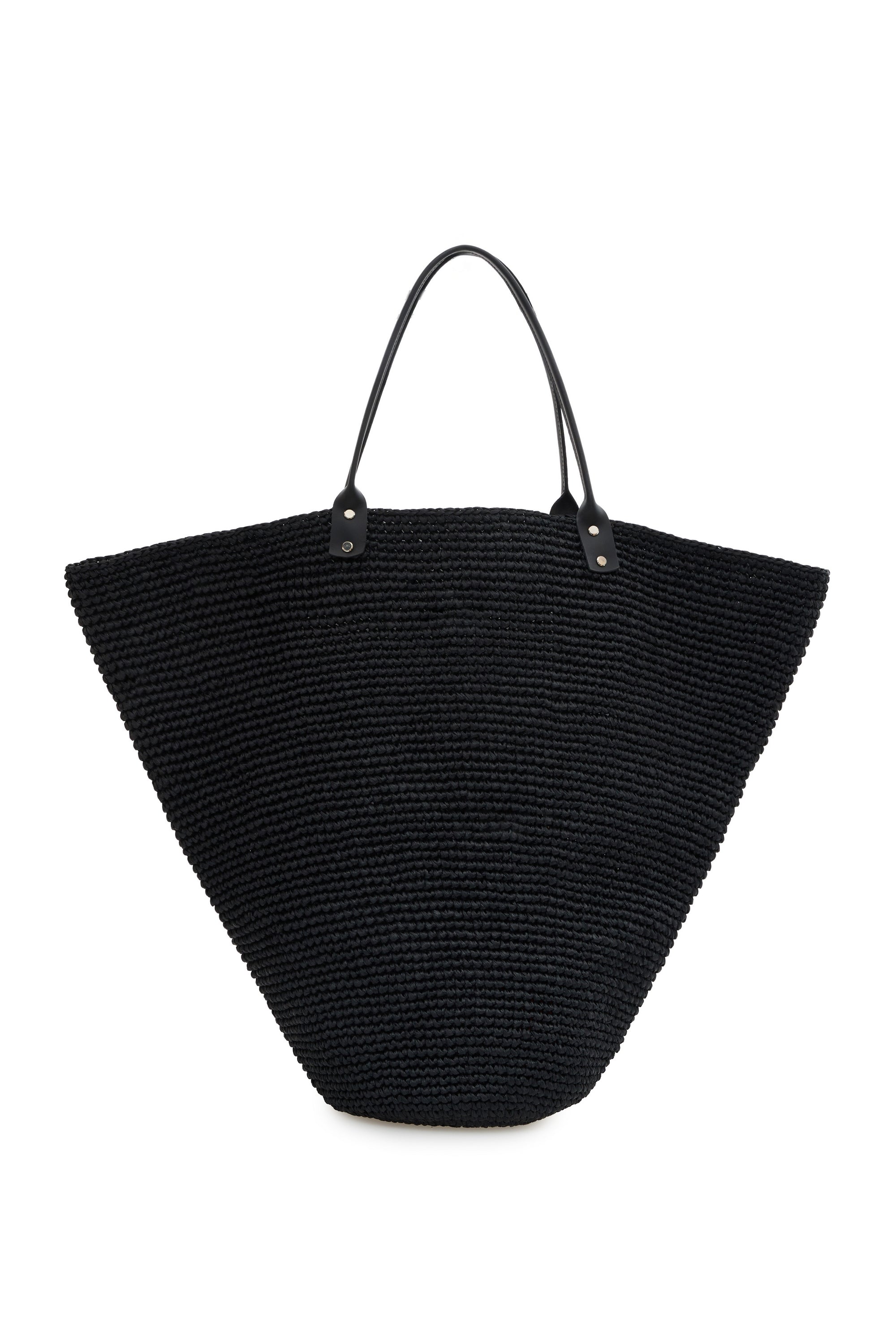 Black hand-woven raffia tote bag with leather handles and hand-embroidered J'amemme signature — Delos, Resort '27
