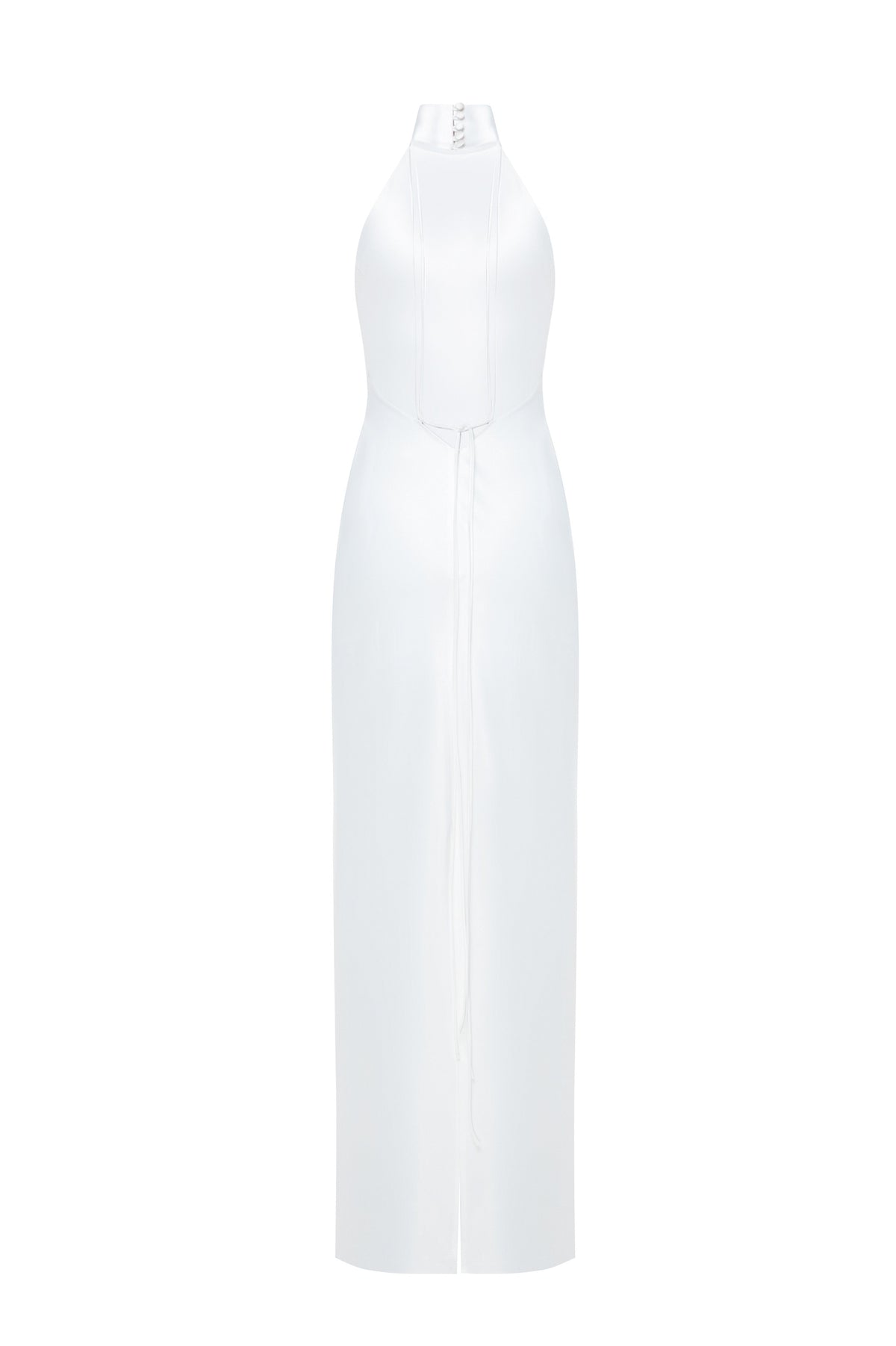 Devon Dress by J'amemme — back view showing dramatic open back and halter neckline, white floor-length bridal gown