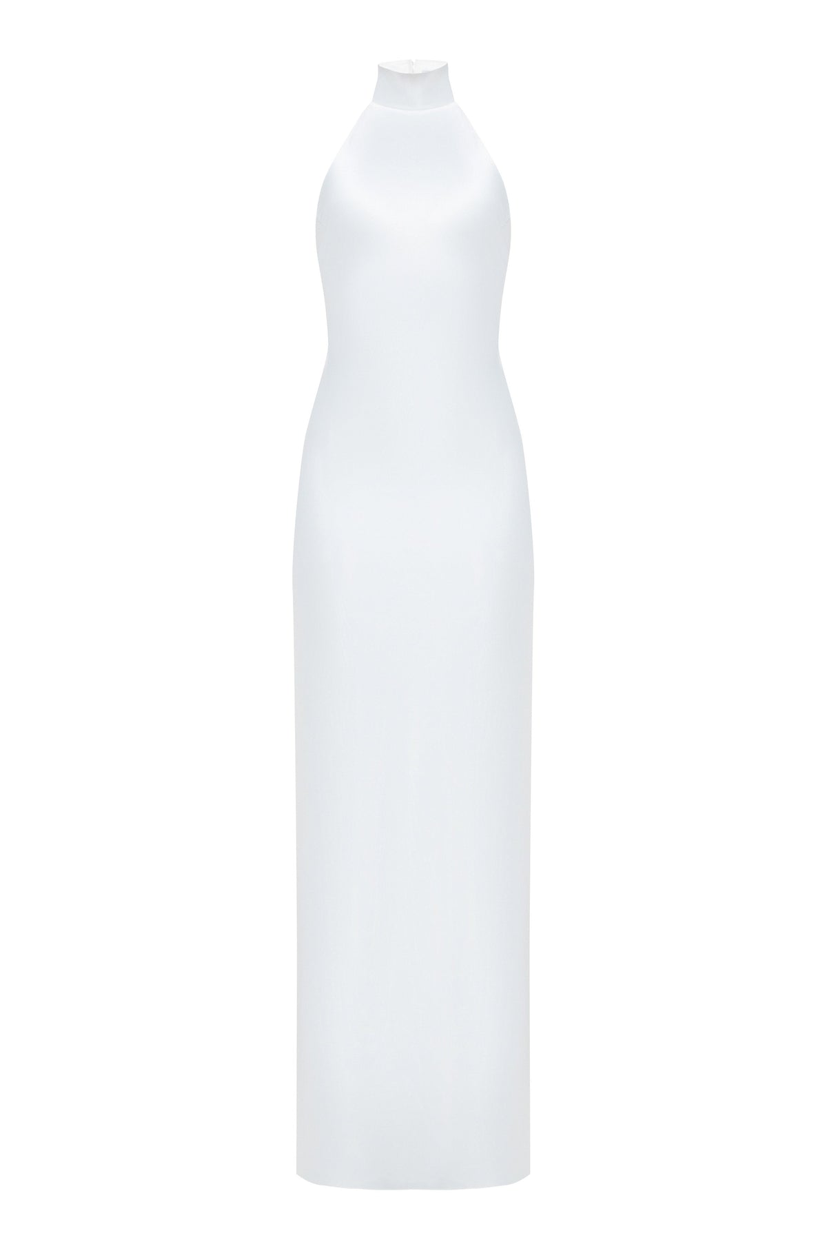 Devon Dress by J'amemme — white halter-neck floor-length bridal gown, front flat lay product shot