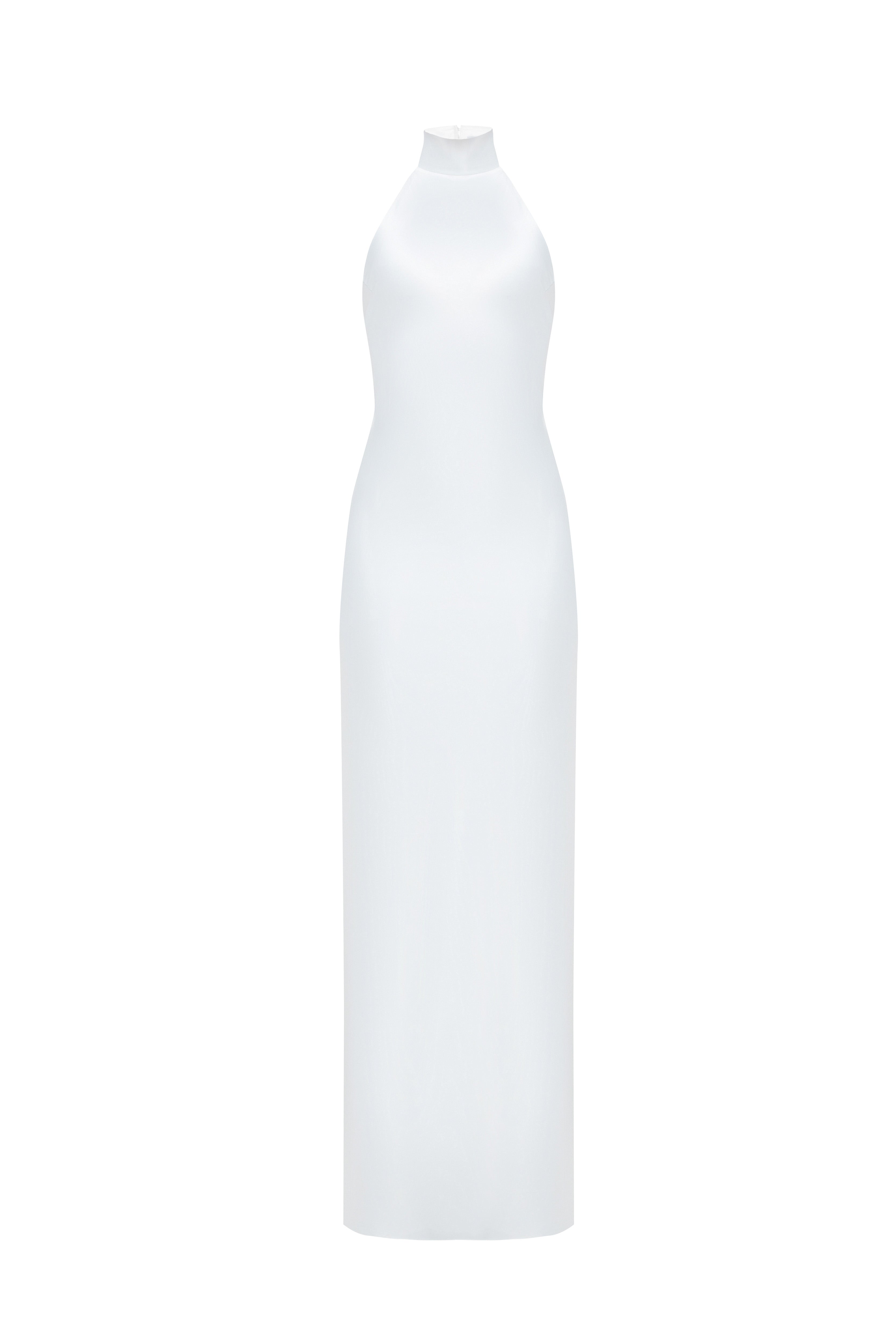 Devon Dress by J'amemme — white halter-neck floor-length bridal gown, front flat lay product shot