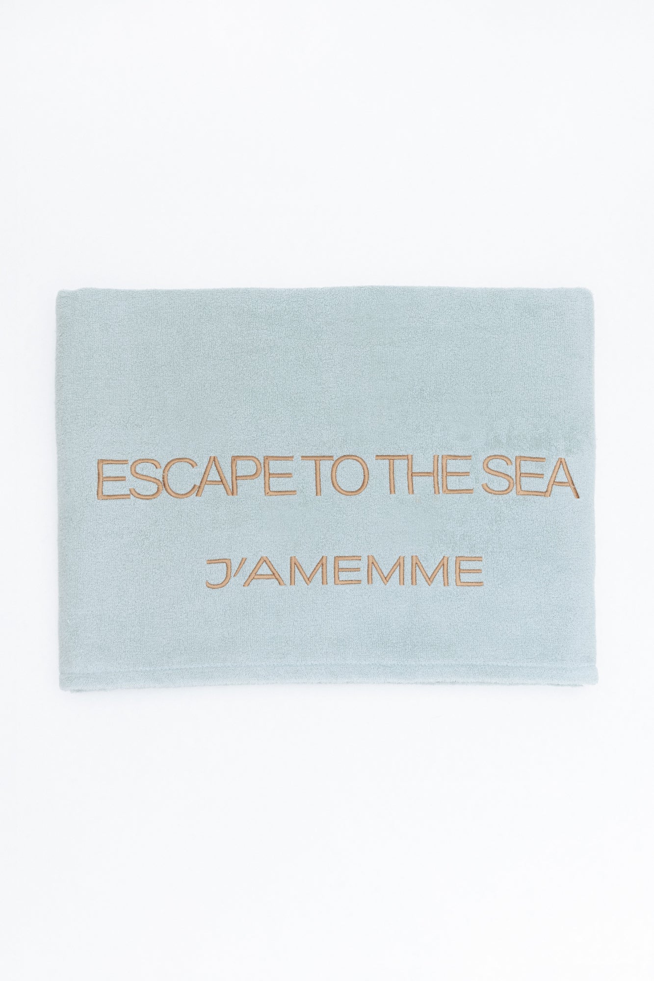 Mint green beach towel in 100% cotton, embroidered 'Escape To The Sea' — J'AMEMME