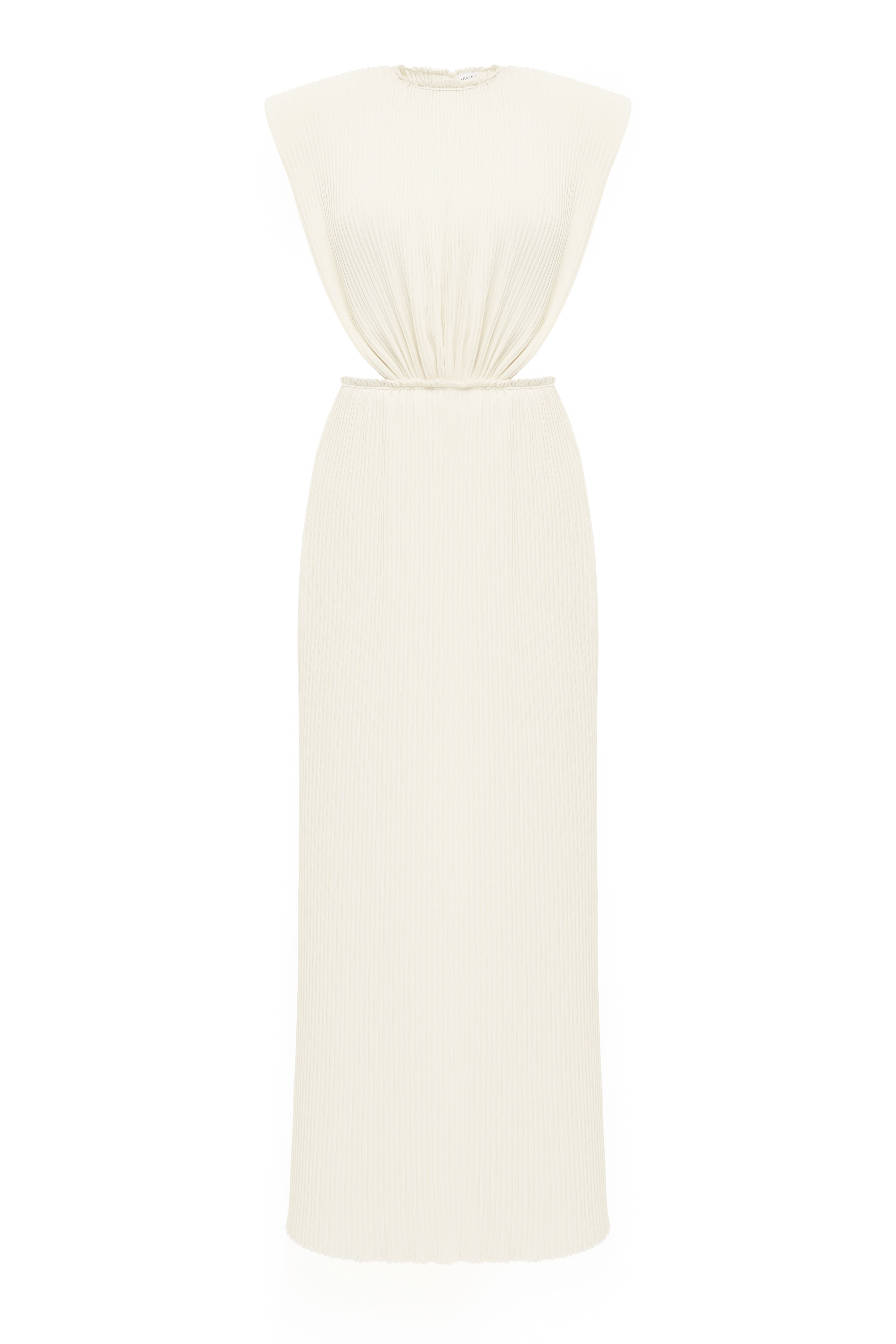 Jamemme Greek Chiffon Dress in white - hand-pleated, shoulder pads, side cutouts, hourglass silhouette. Bridal & wedding. SS26