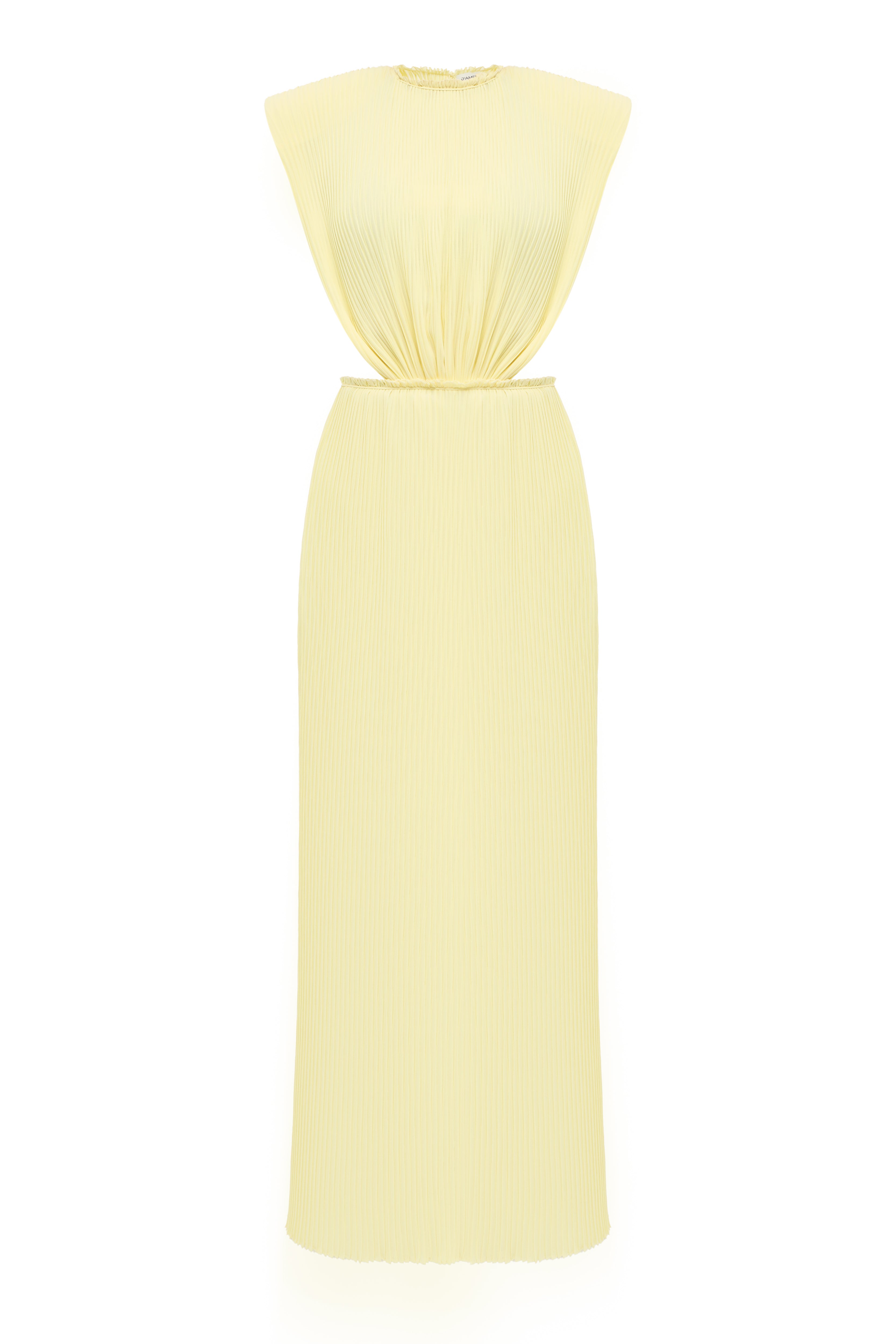 Jamemme Greek Chiffon Dress in yellow - hand-pleated, shoulder pads, side waist cutouts, hourglass silhouette, SS26