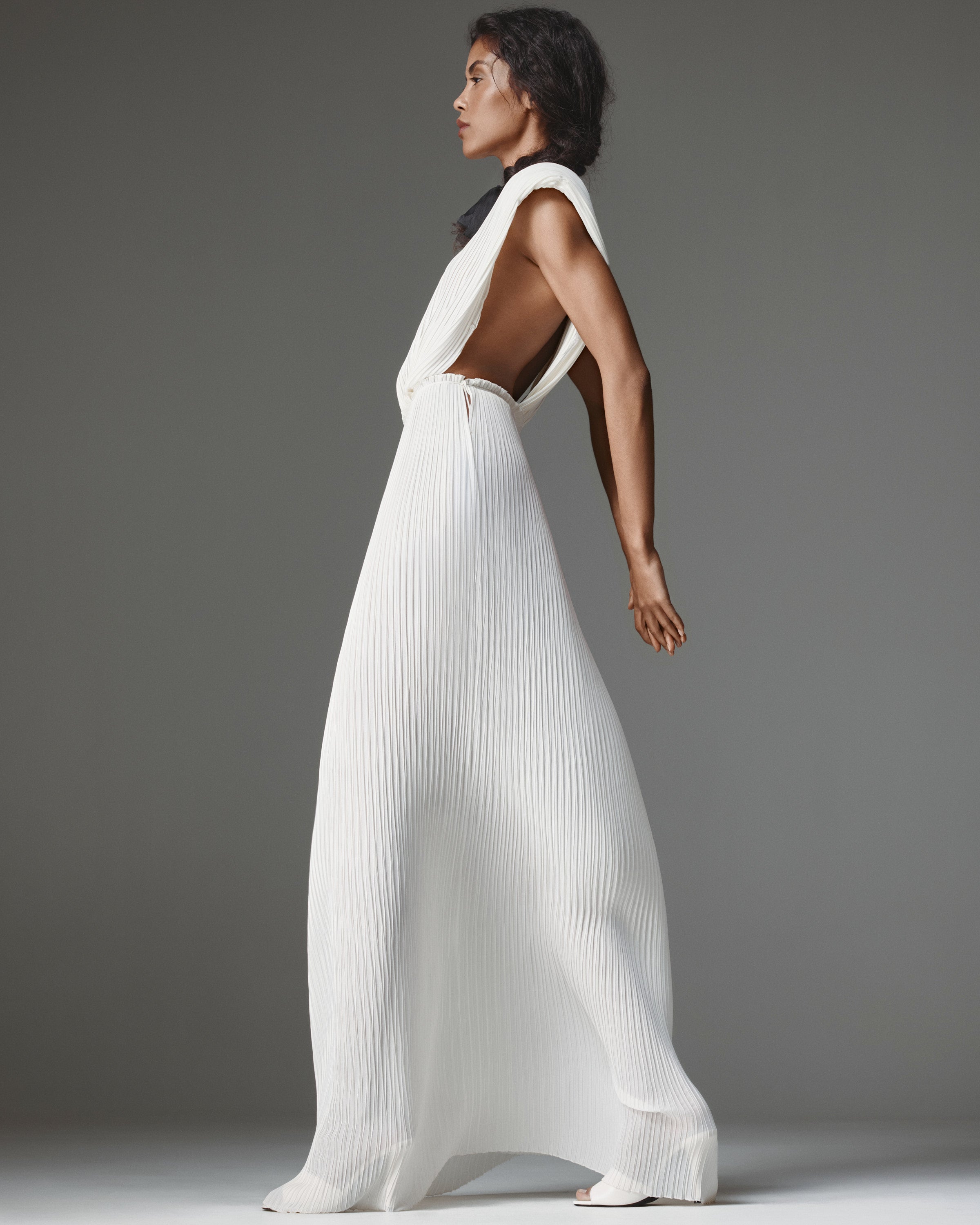 Greek Chiffon Dress by J'amemme - white pleated chiffon gown, side waist cutout