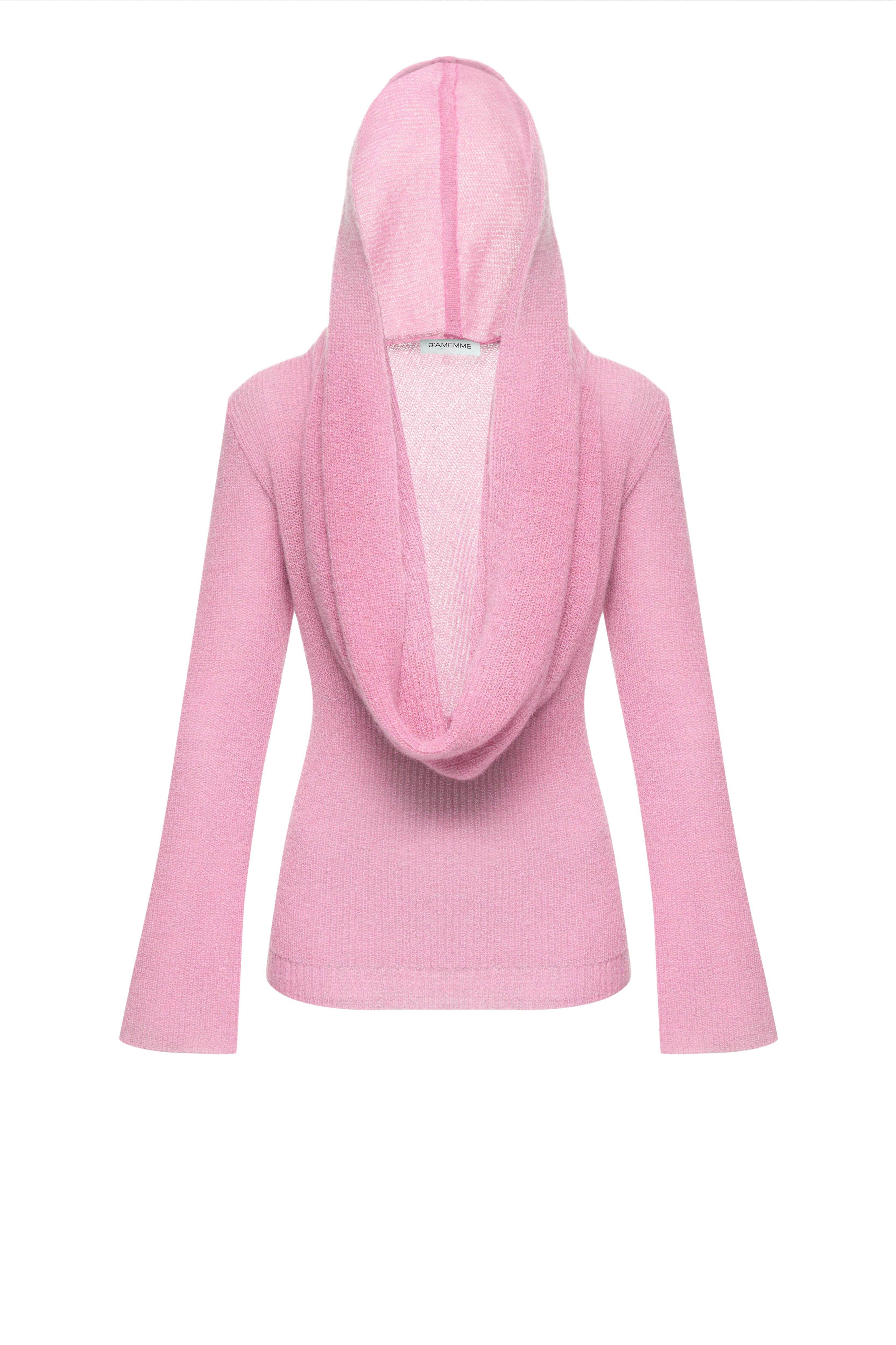 Jamemme Hooded Knit Jumper in Pink - hood detail view, 70% wool 30% silk, Spring-Summer 2026