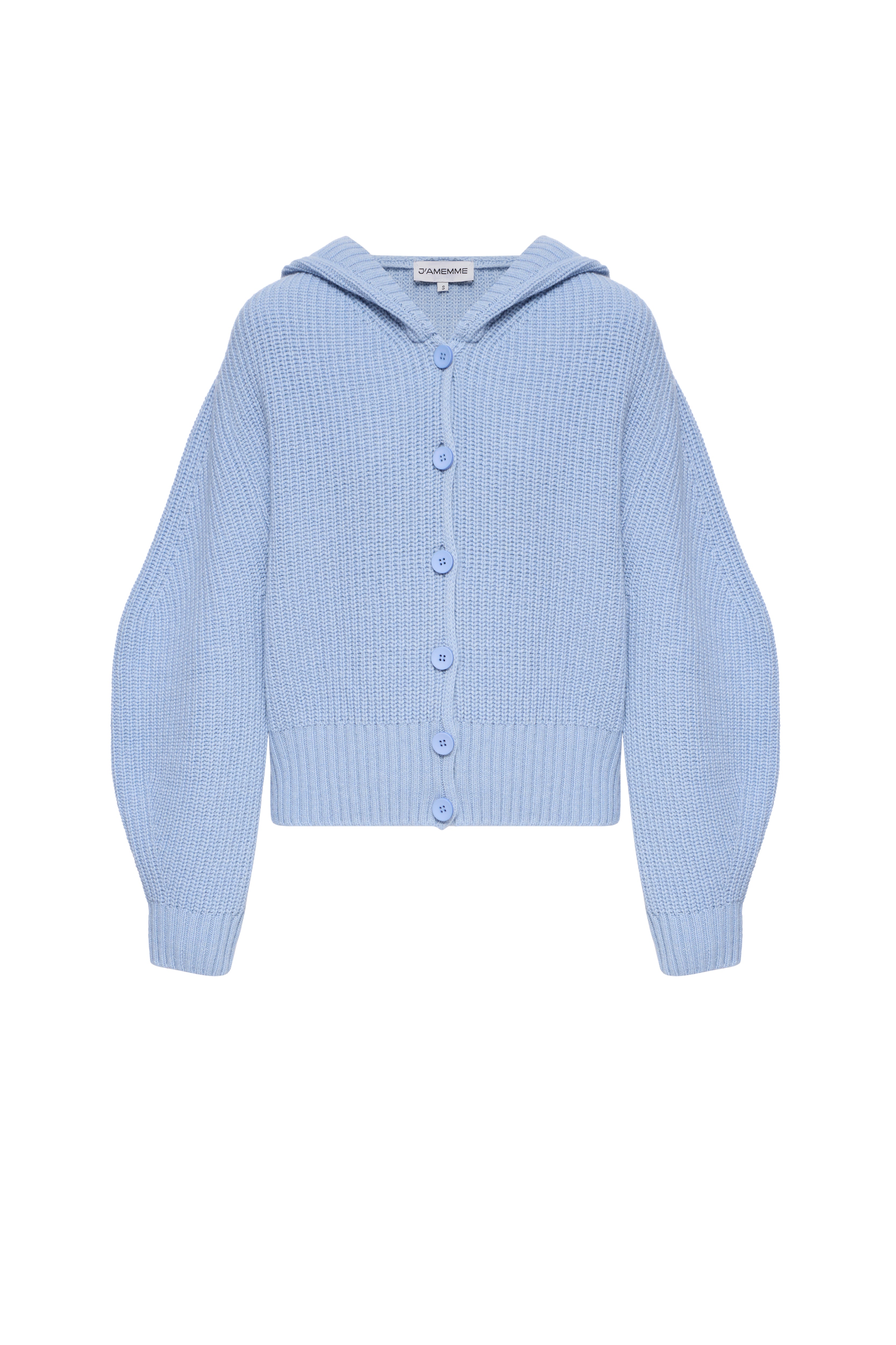 Jamemme Knit Hood Cardigan in Blue - front view, 100% lamb wool, oversize fit, Spring-Summer 2026